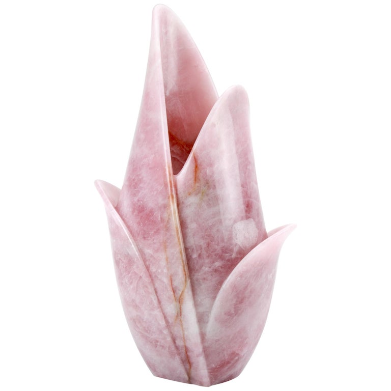 Vase Vessel Sculpture Tulip Block Rose Quartz Handmade Collectible Design Italy For Sale