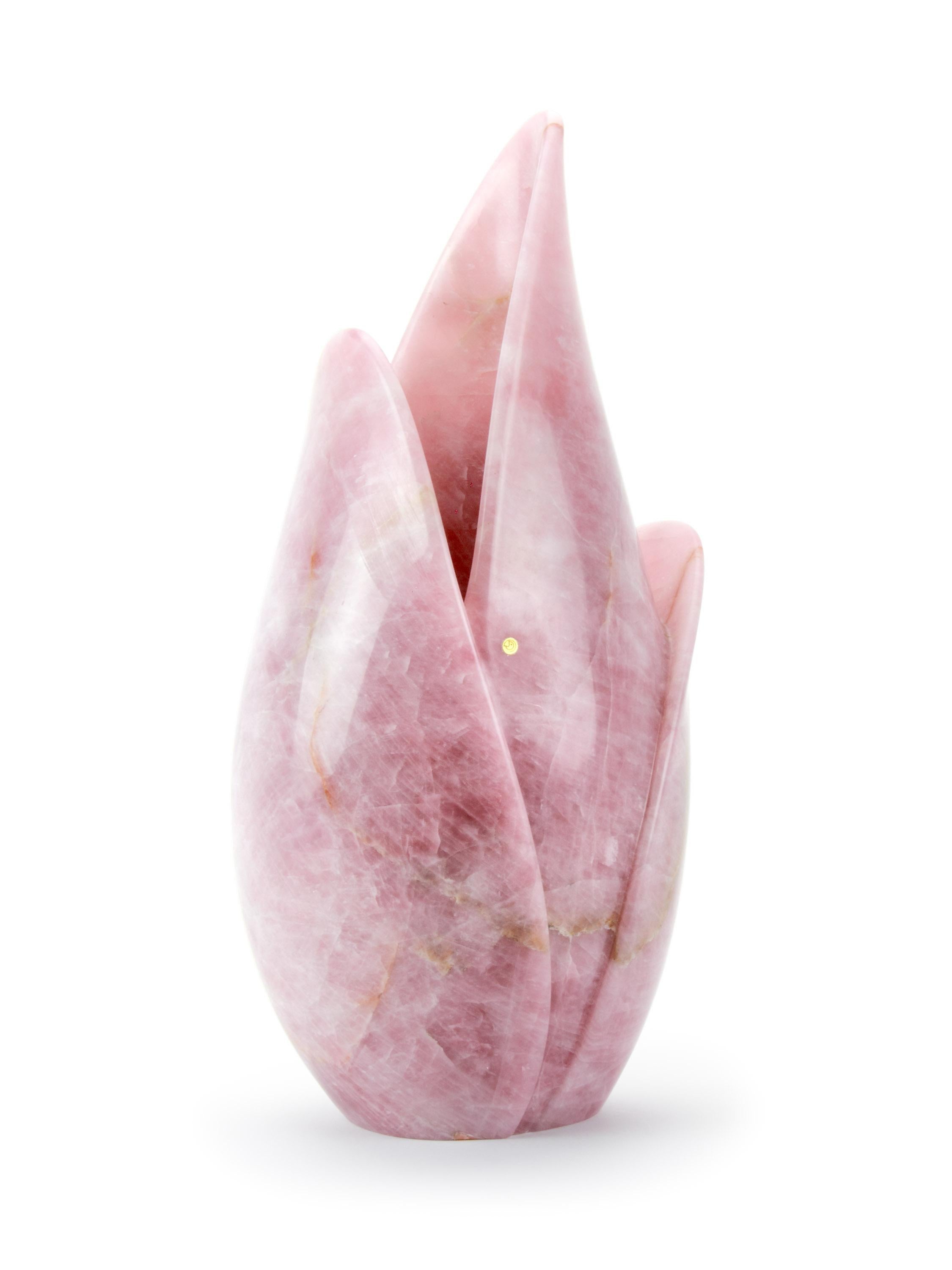 Important sculptural vase carved by hand from a solid block of Rose Quartz.

Vase dimensions: L 26 x W 20 x H 53 cm. Available in different onyx and marbles.

Limited edition of 35.

Each vase is hand signed and numbered by the artists (engraved),