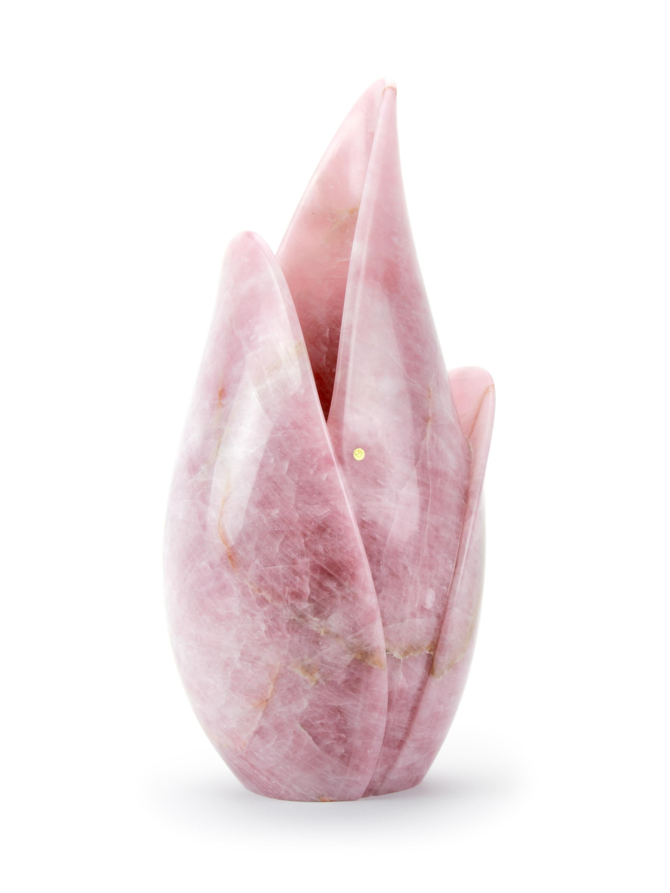 Important sculptural vase carved by hand from a solid block of Rose Quartz.

Vase dimensions: L 26 x W 20 x H 53 cm. Available in different onyx and marbles.

Limited edition of 35.

Each vase is hand signed and numbered by the artists (engraved),