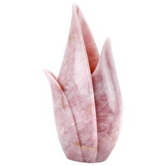 Vase Vessel Tulip Sculpture Block Rose Quartz Marble Handmade Collectible Design