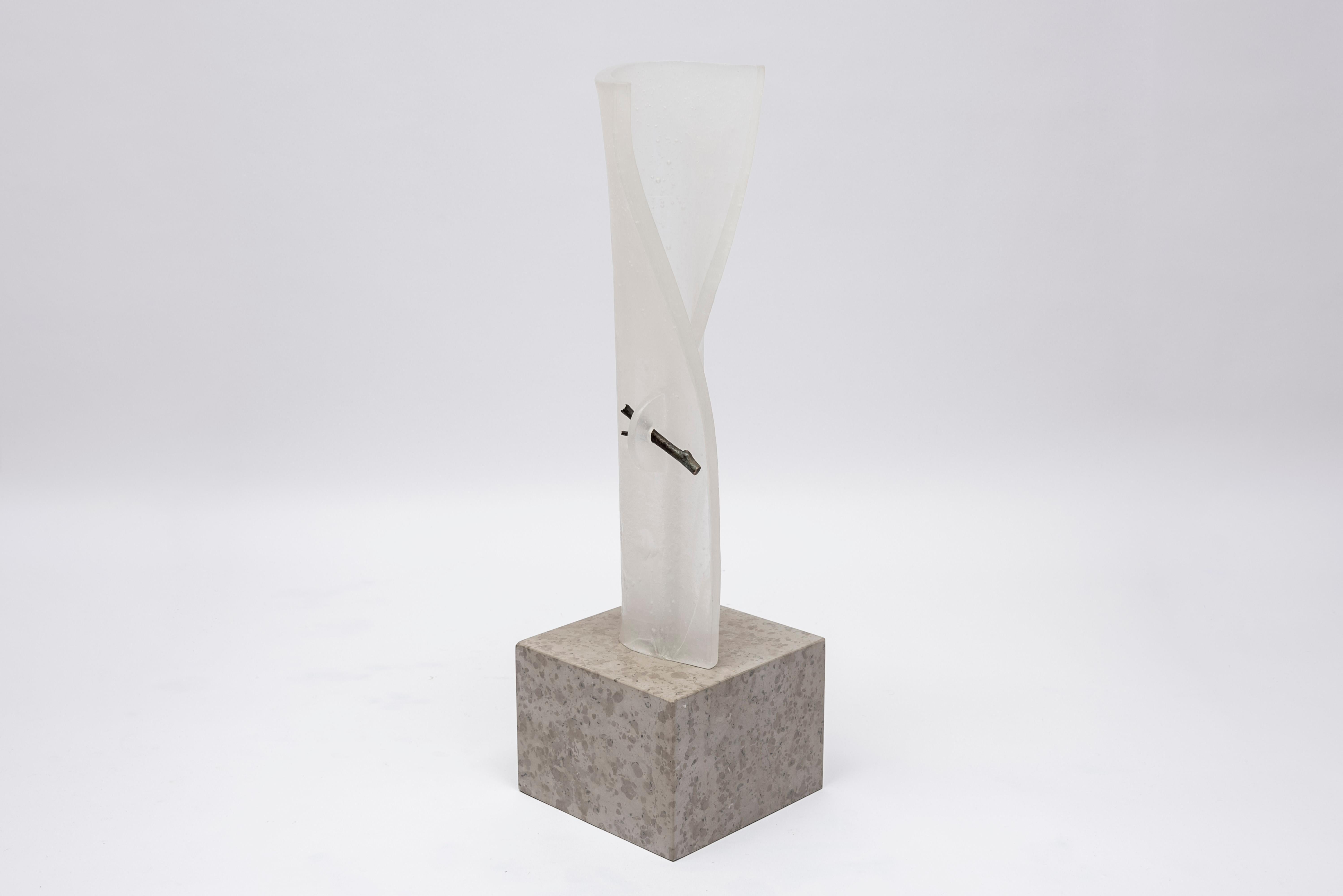 Contemporary Vase Sculpture in Frosted Glass and Marble Base by Georges Stahl For Sale