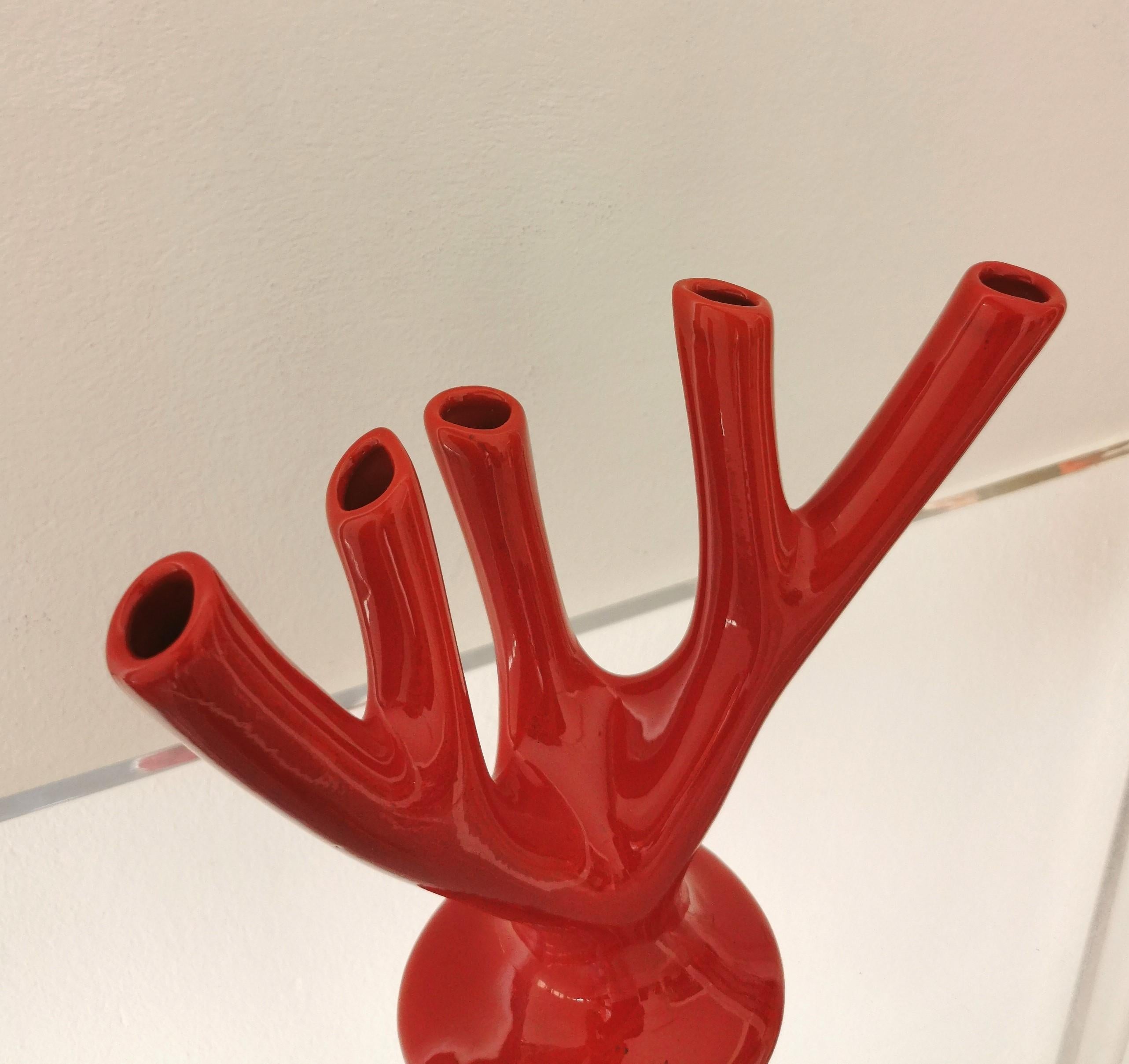 Mid-Century Modern Vase Sculpture Red Ceramic Coral Flower Holder Midcentury Italian Design, 1970s