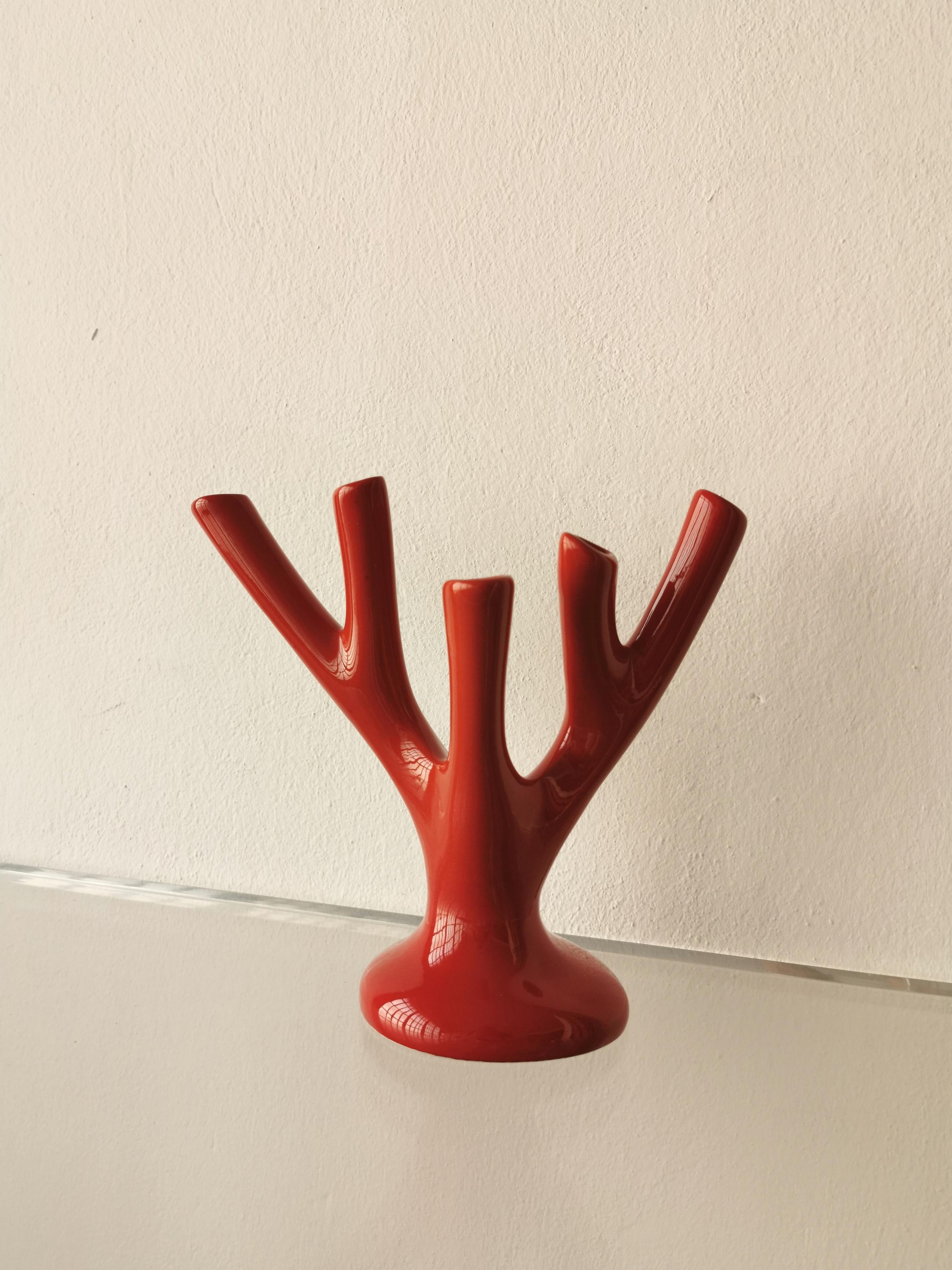 Enameled Vase Sculpture Red Ceramic Coral Flower Holder Midcentury Italian Design, 1970s