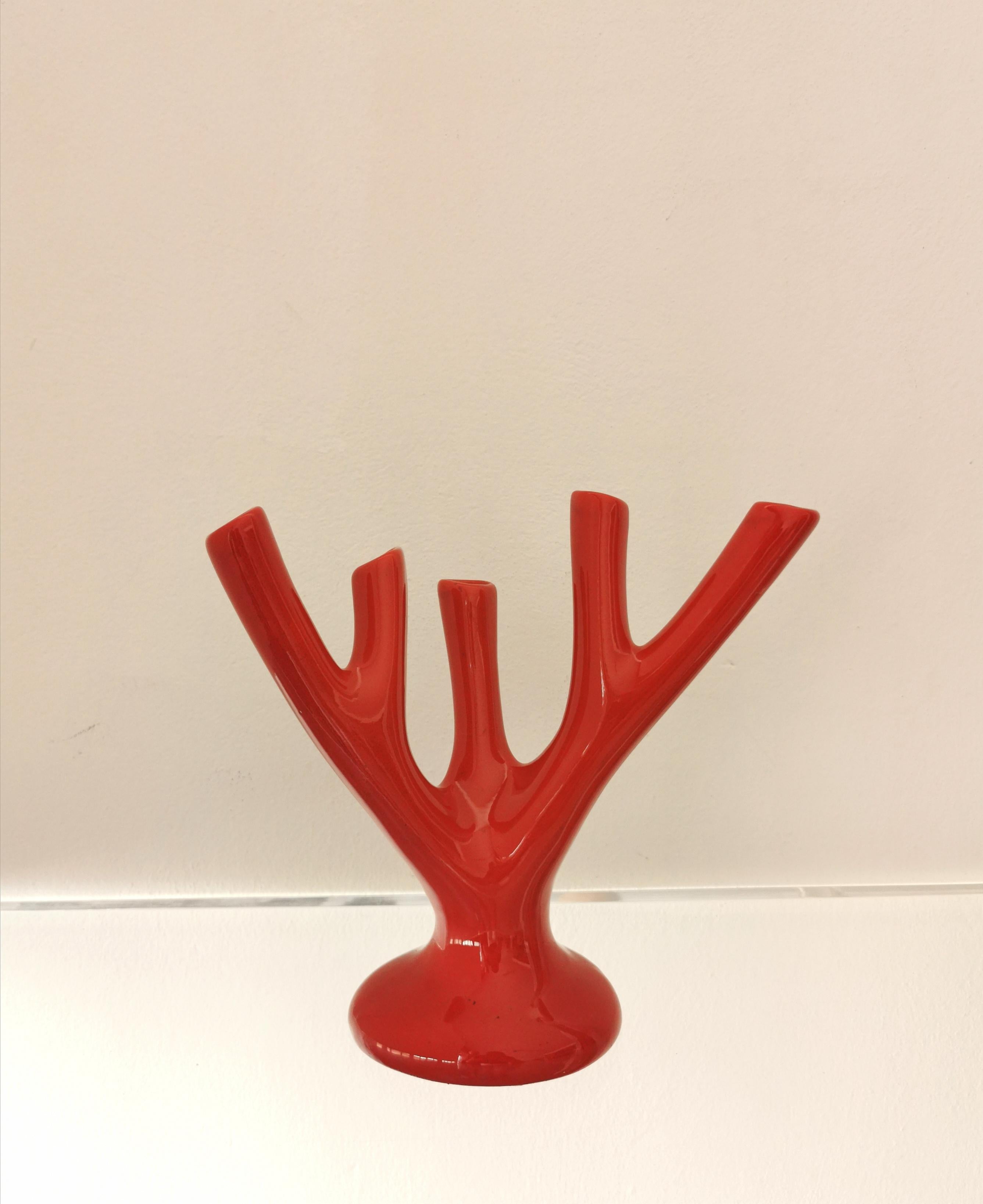 20th Century Vase Sculpture Red Ceramic Coral Flower Holder Midcentury Italian Design, 1970s