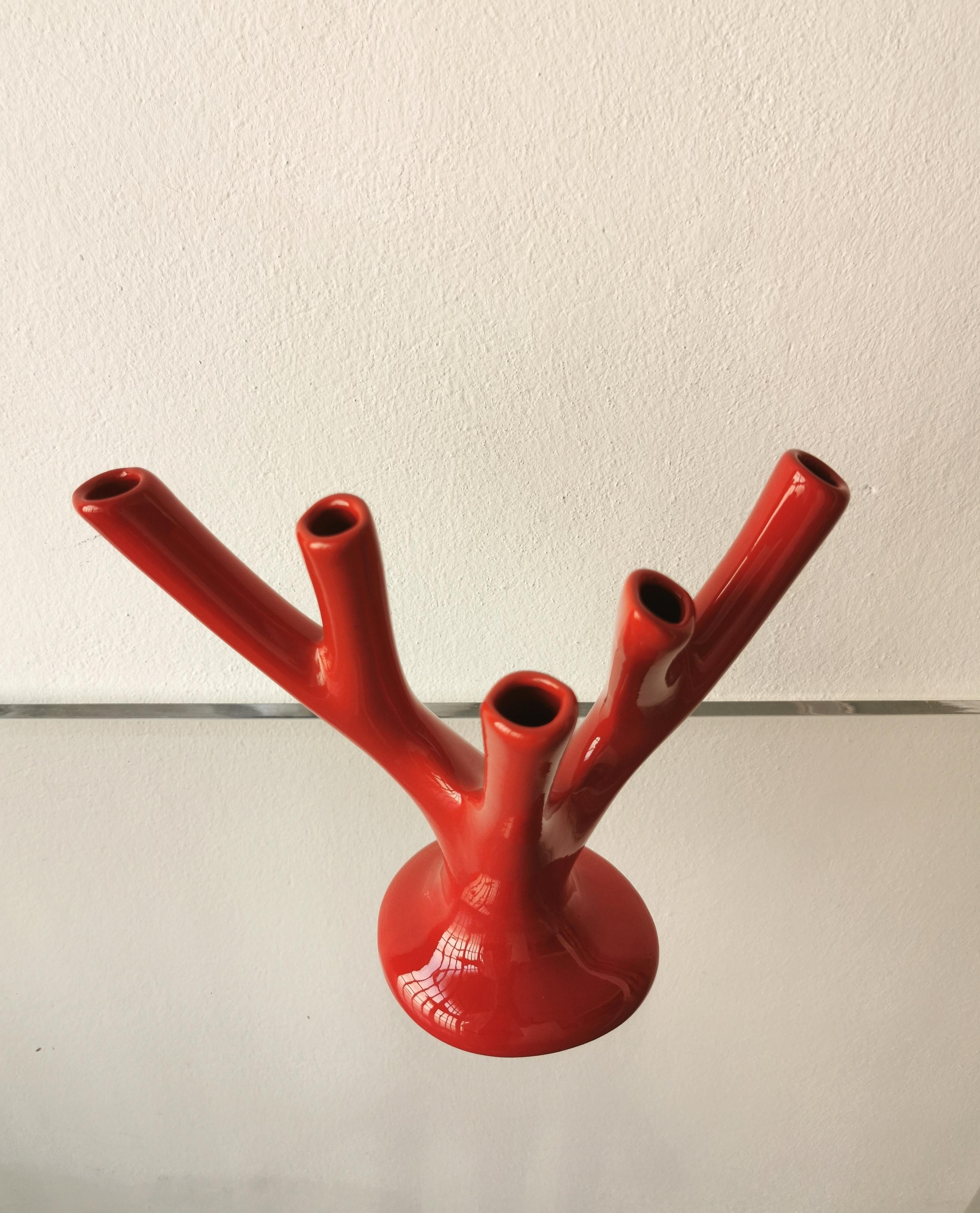 Vase Sculpture Red Ceramic Coral Flower Holder Midcentury Italian Design, 1970s 1