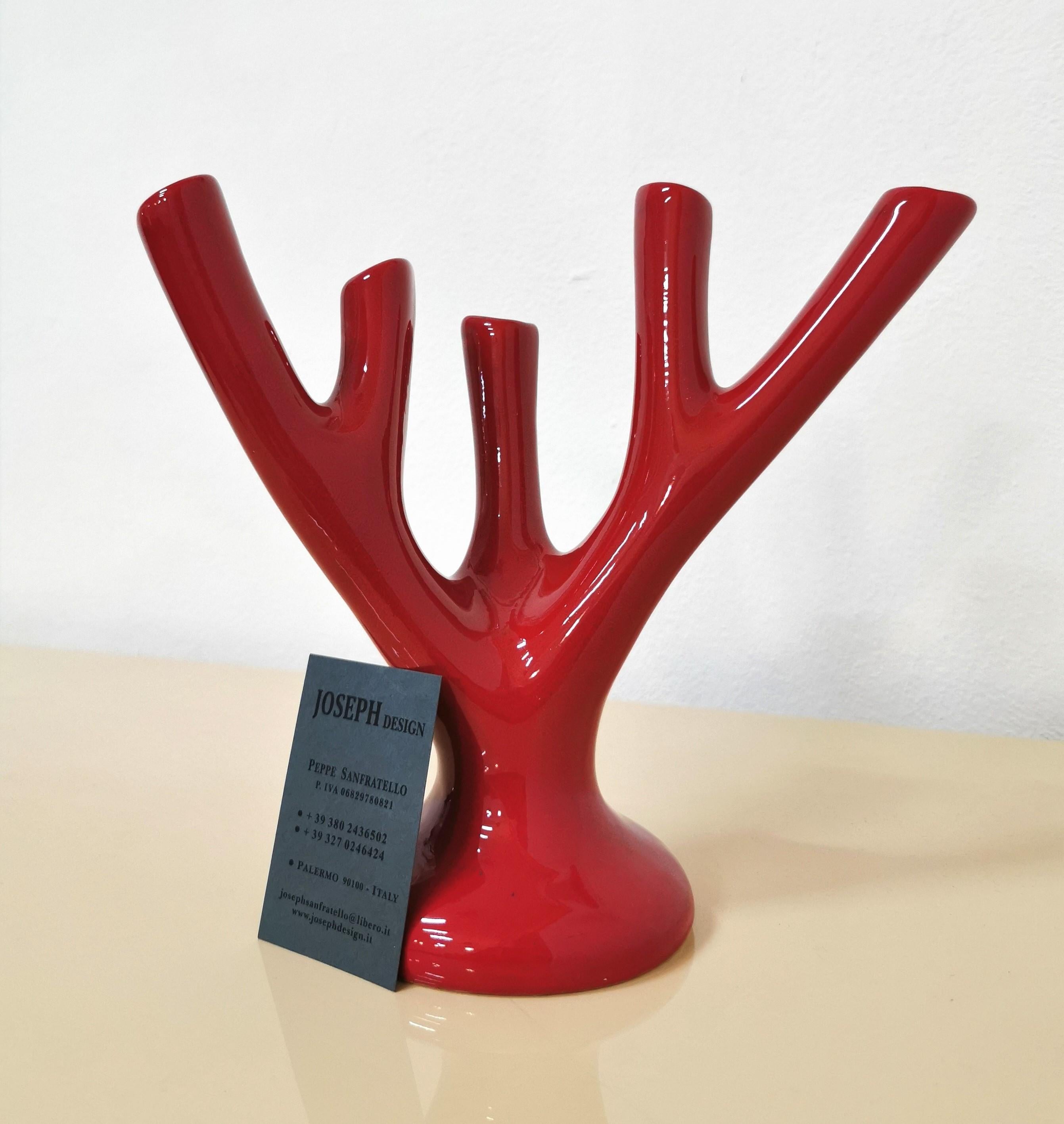Vase Sculpture Red Ceramic Coral Flower Holder Midcentury Italian Design, 1970s 3