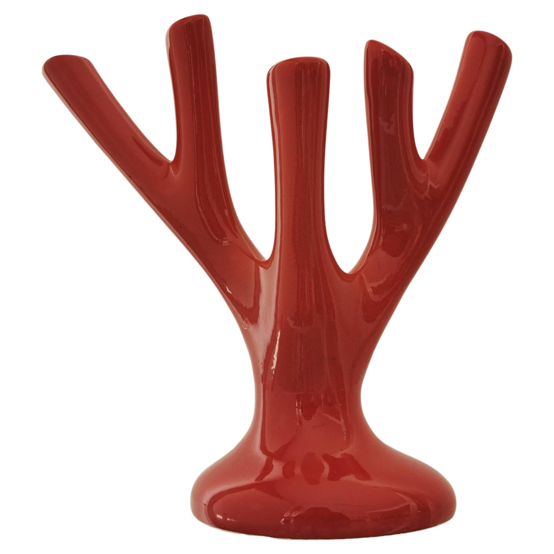 Vase Sculpture Red Ceramic Coral Flower Holder Midcentury Italian Design, 1970s