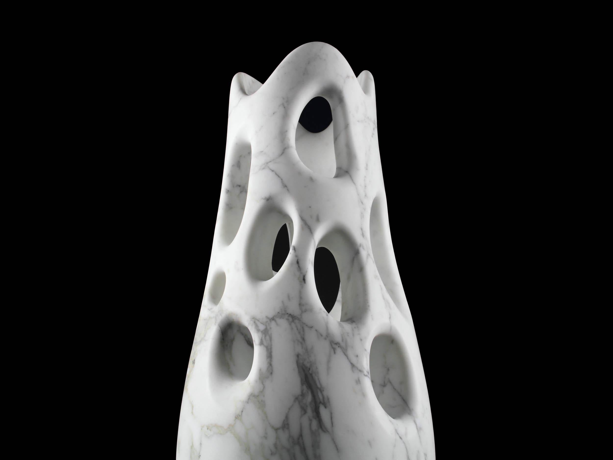 Contemporary Vase Vessel Decorative Sculpture Organic Shape White Marble Hand-carved Italy For Sale