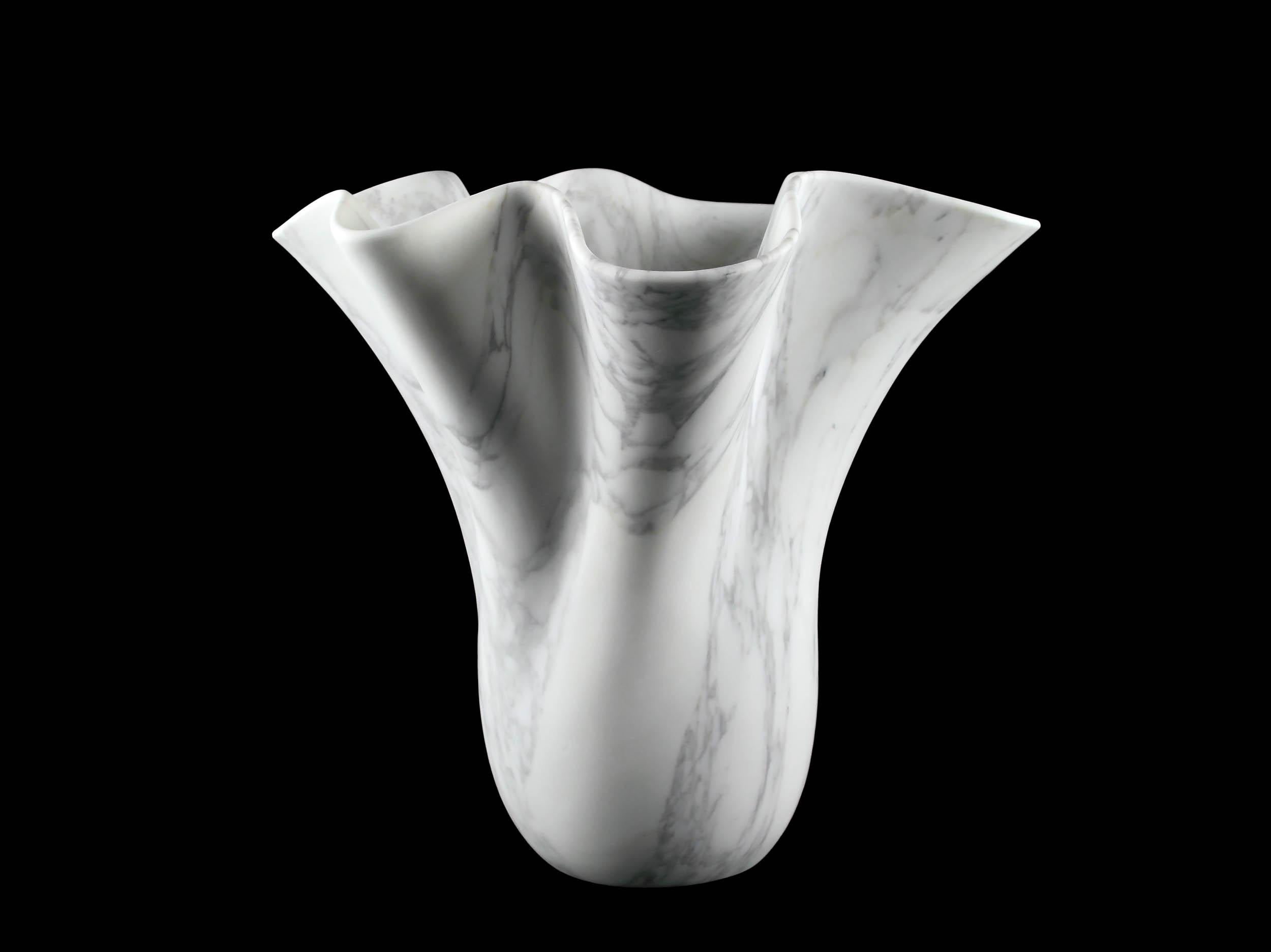 Contemporary Vase Vessel Sculpture Solid Block White Arabescato Marble Carrara Handmade Italy For Sale