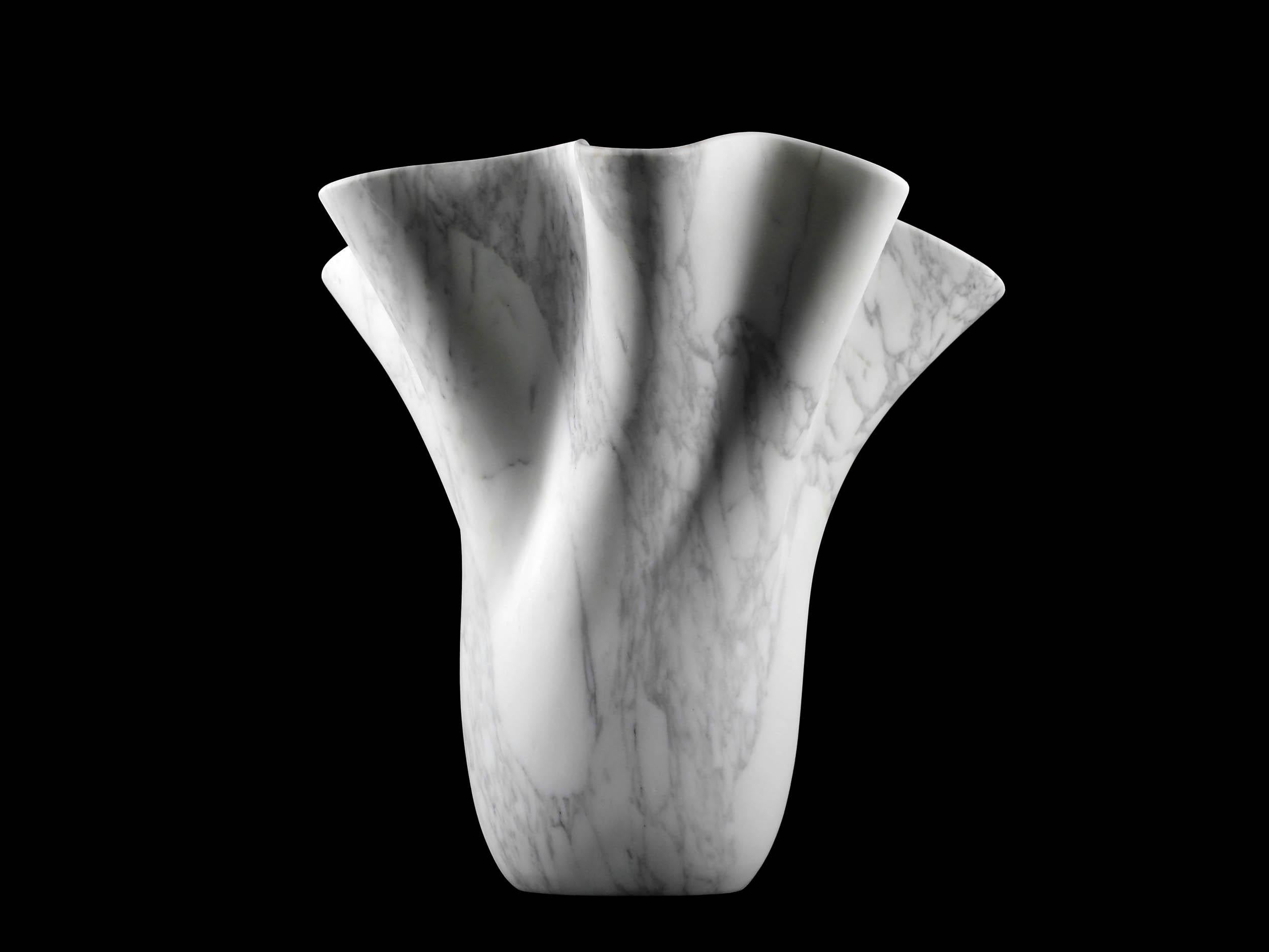 Contemporary Vase Vessel Sculpture Organic Shape White Arabescato Marble Handmade Italy For Sale