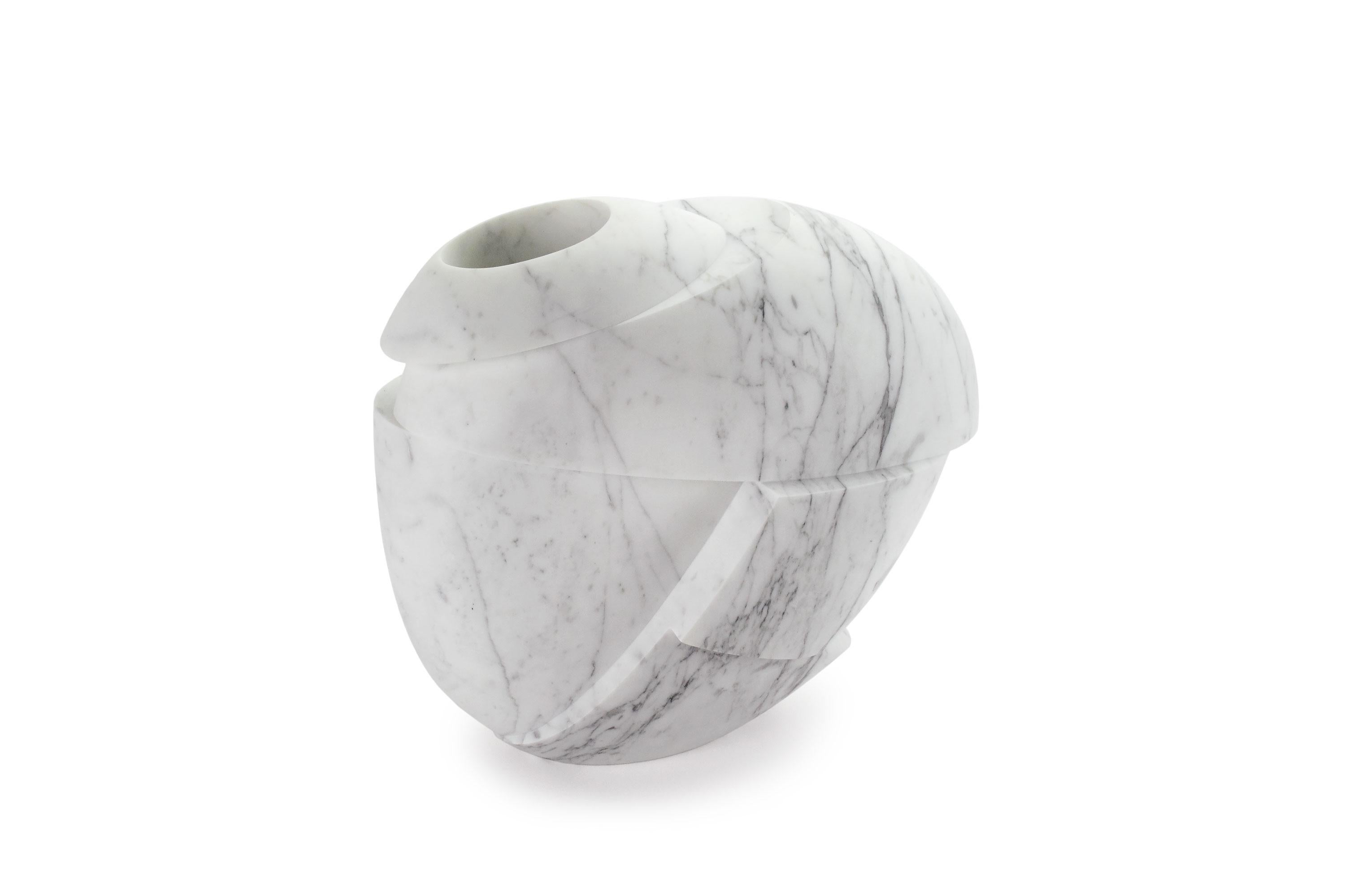 italien Vase Décoration Sculpture en Marbre Statuaire Blanc Géométrique Sculpté à la Main en vente