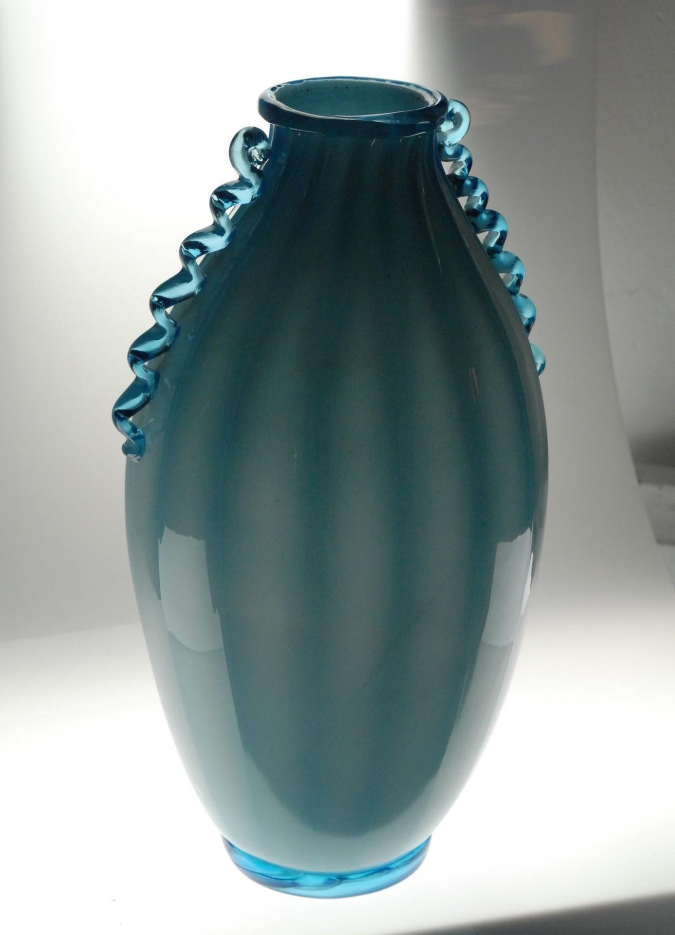 20th Century Vase Sfumato, Cirillo Maschio, Attributed Aquamarine with Morisa Murano, 1920s For Sale