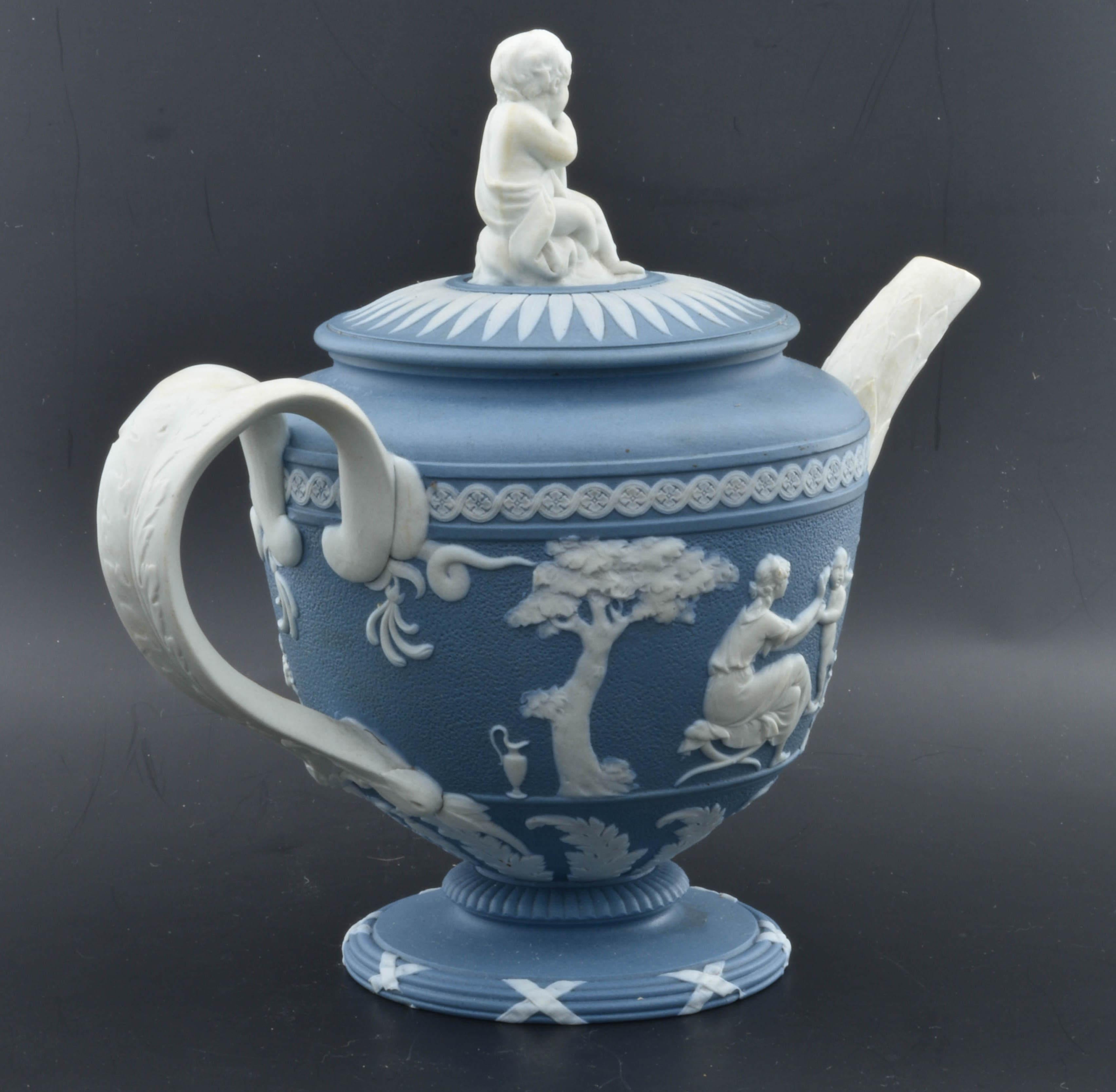 English Vase-Shaped Teapot in Blue Jasperware, Wedgwood C1790