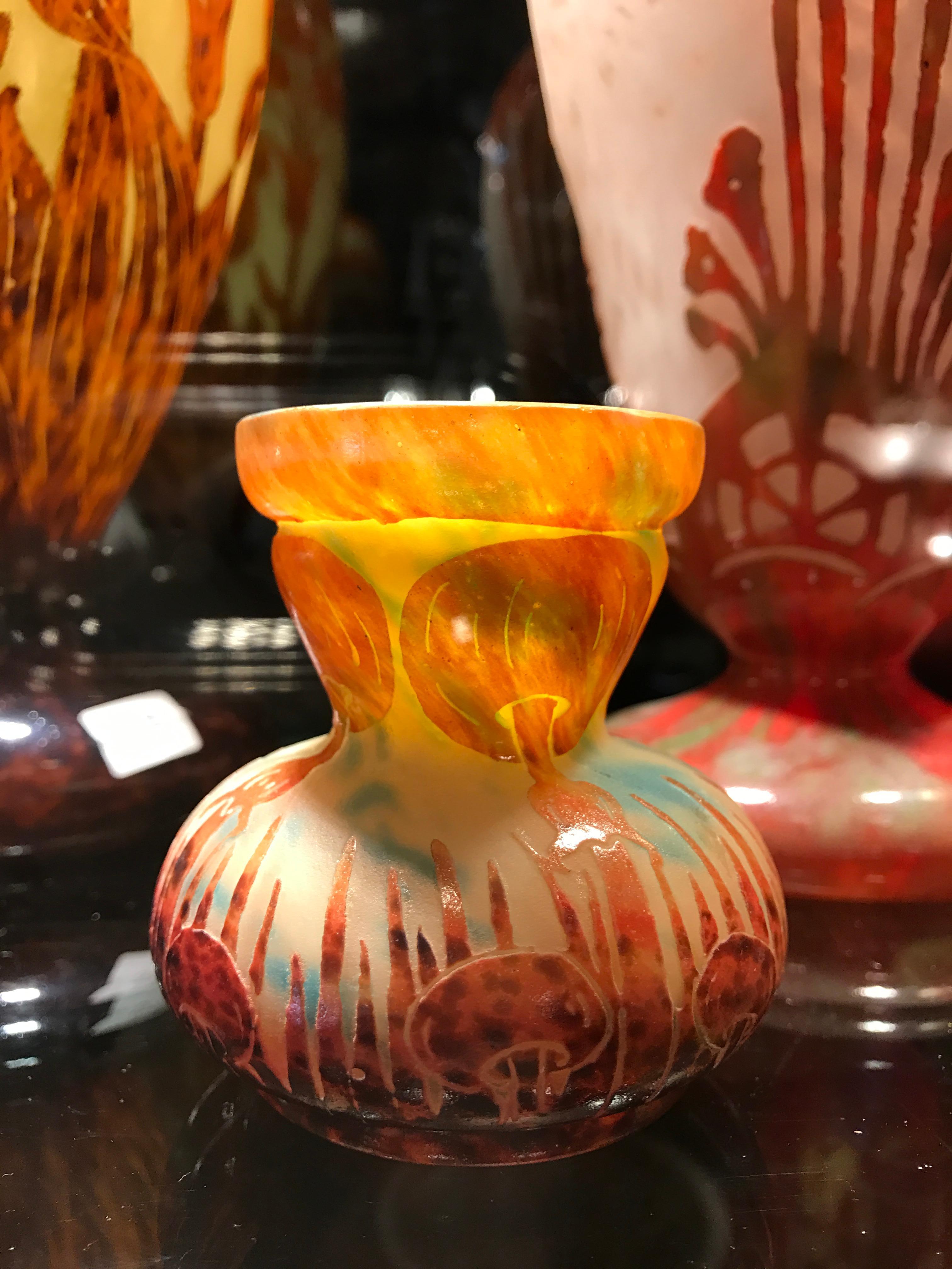 Vase, Sign: Le Verre Francais (mushroom decoration), Style: Art Nouveau, Liberty For Sale 10