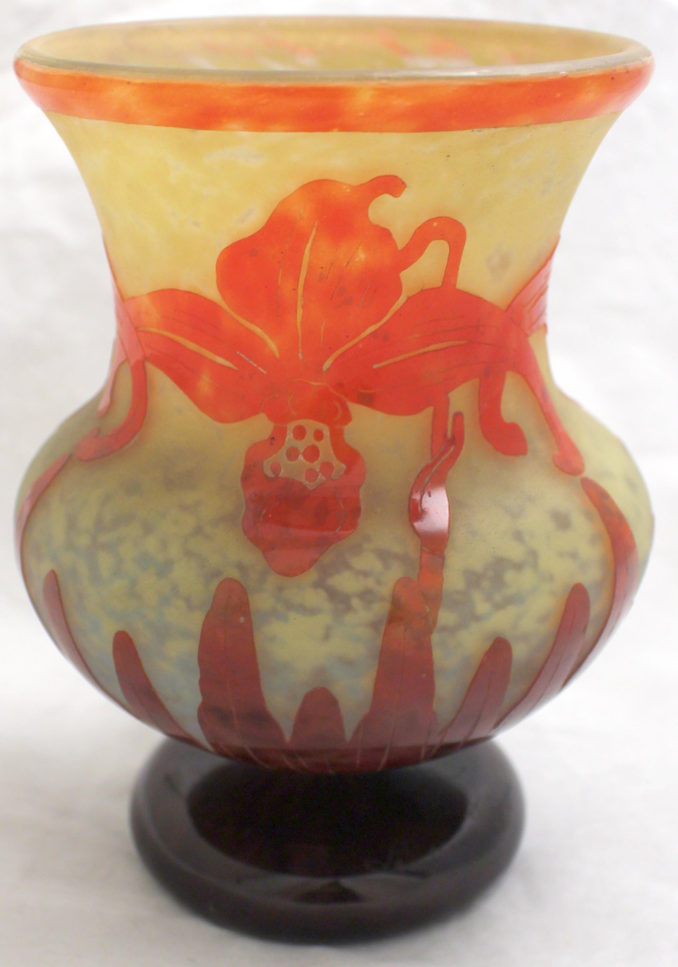 Vase Sign: Le Verre Francais 
acid worked
Le Verre cameo glass was a separate line of art glass designed by Charles Schneider. Its production was made at the same time as the Schneider designed glasses 1918 –1933. But from 1919 the two lines were