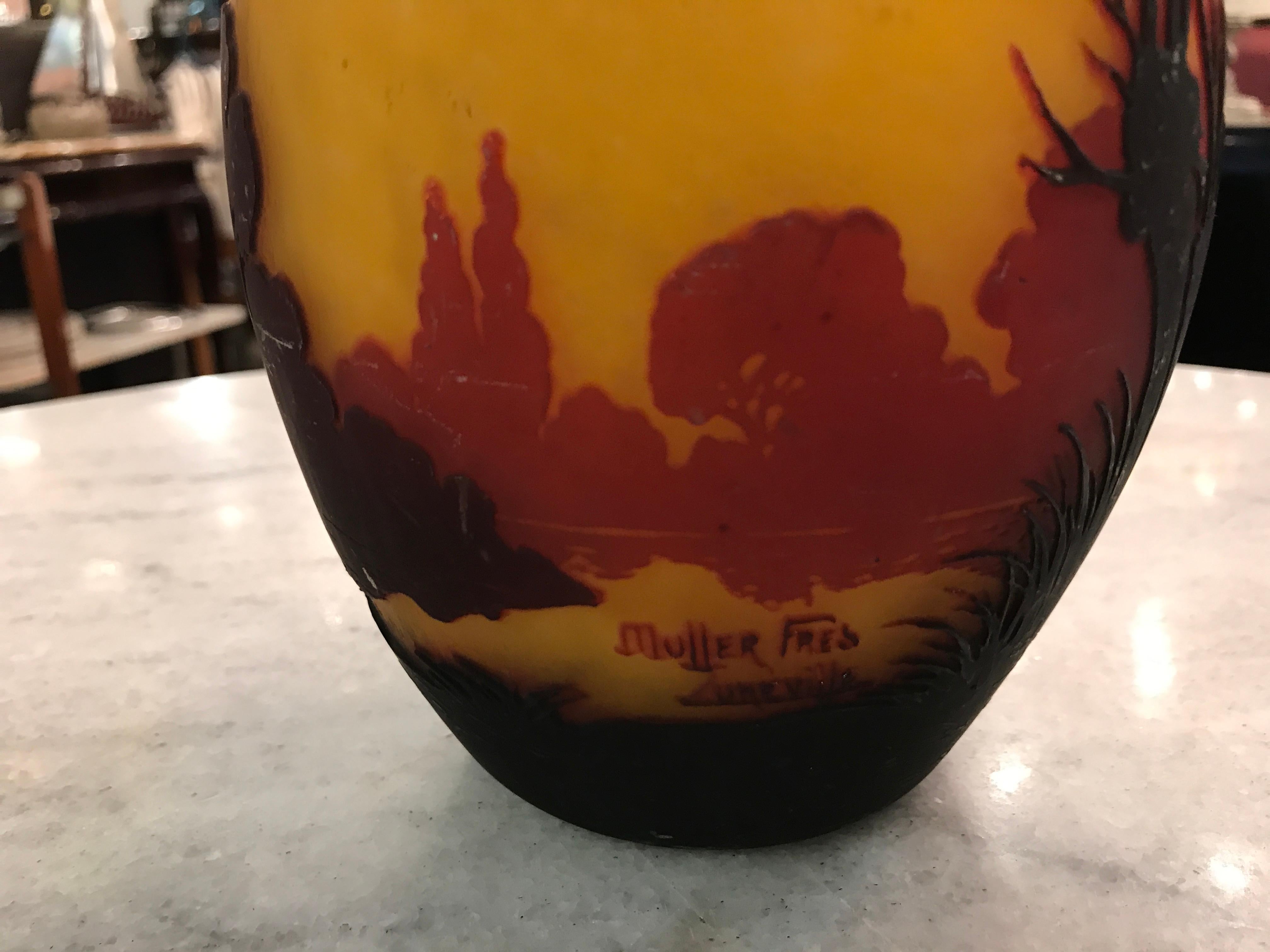 Art Glass Vase, Sign: Muller Fres Luneville,  Style: Jugendstil, Art Nouveau, Liberty For Sale
