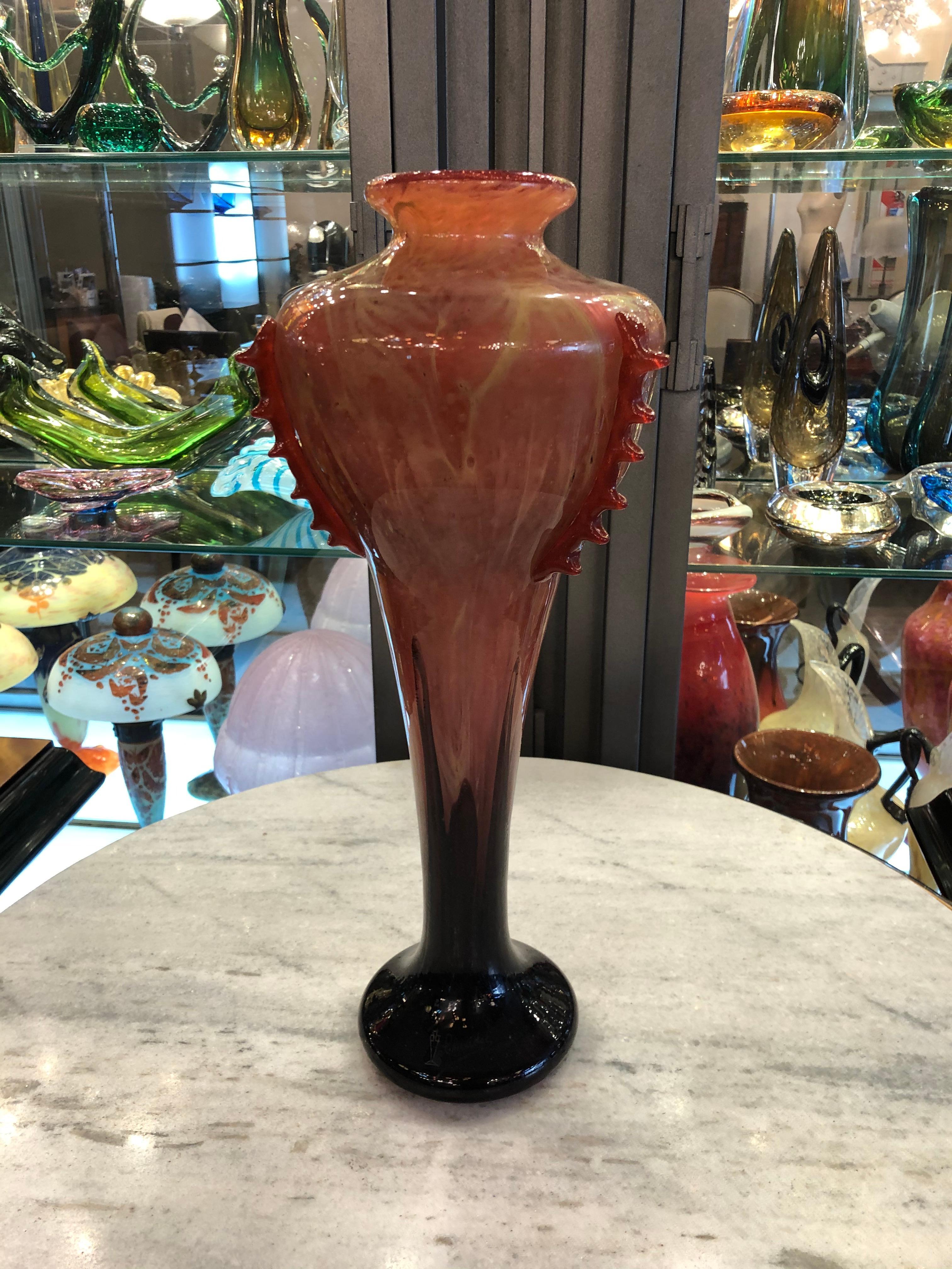Art Glass Vase Sign: Schneider with Applications, France, Style: Art Deco, Design: Marbré For Sale