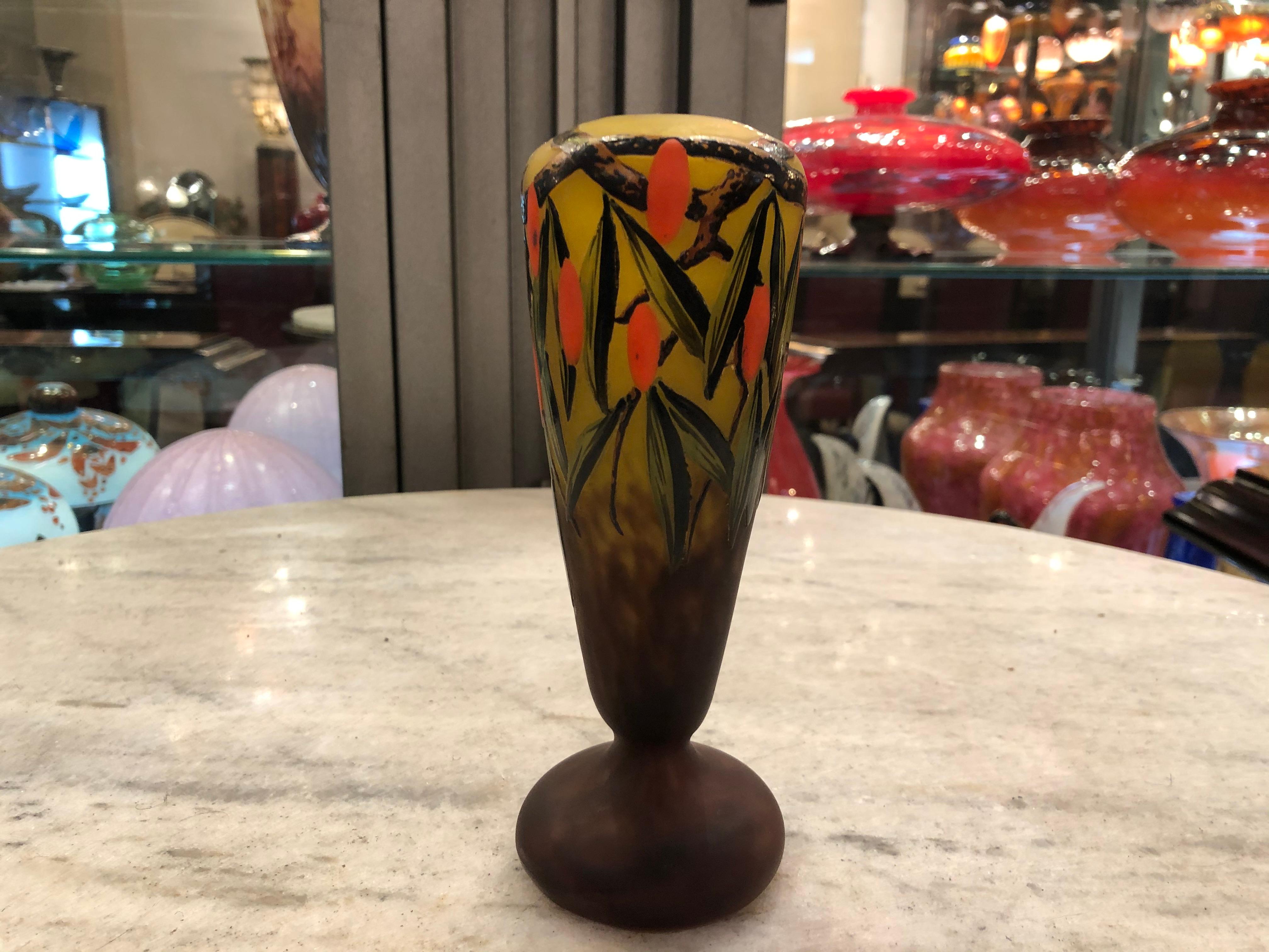 Art Glass Vase Sign: Schneider, with enamel, 1920, Style: Art Deco, (Design: Arbousiers) For Sale