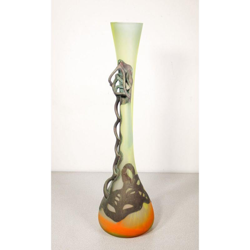 French Vase Signed in Blown Glass and Copper, France For Sale