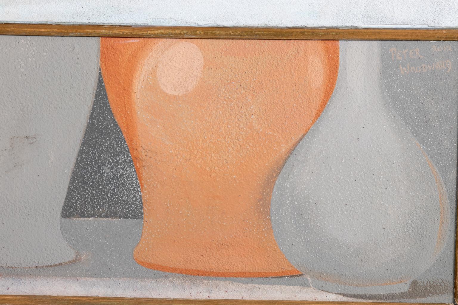 Contemporary painting of three vases in gold frame by English artist Peter Woodward. The medium of the piece is Acrylic paint on board in a wood frame. Please note of wear consistent with age.