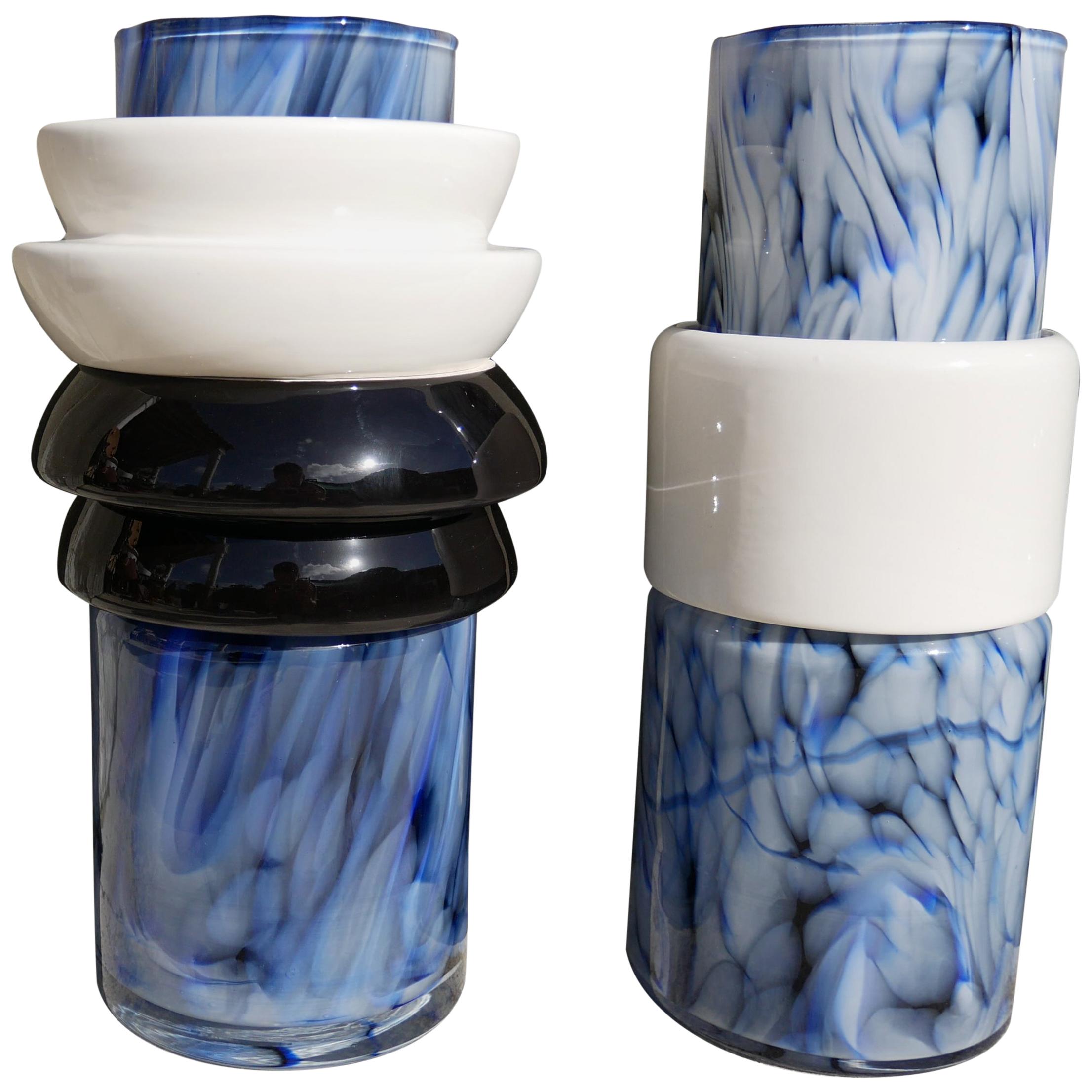 Vase TOTEM #3 Blue, Unique 21 Century, Blown Glass and Ceramic Handmade Vase For Sale