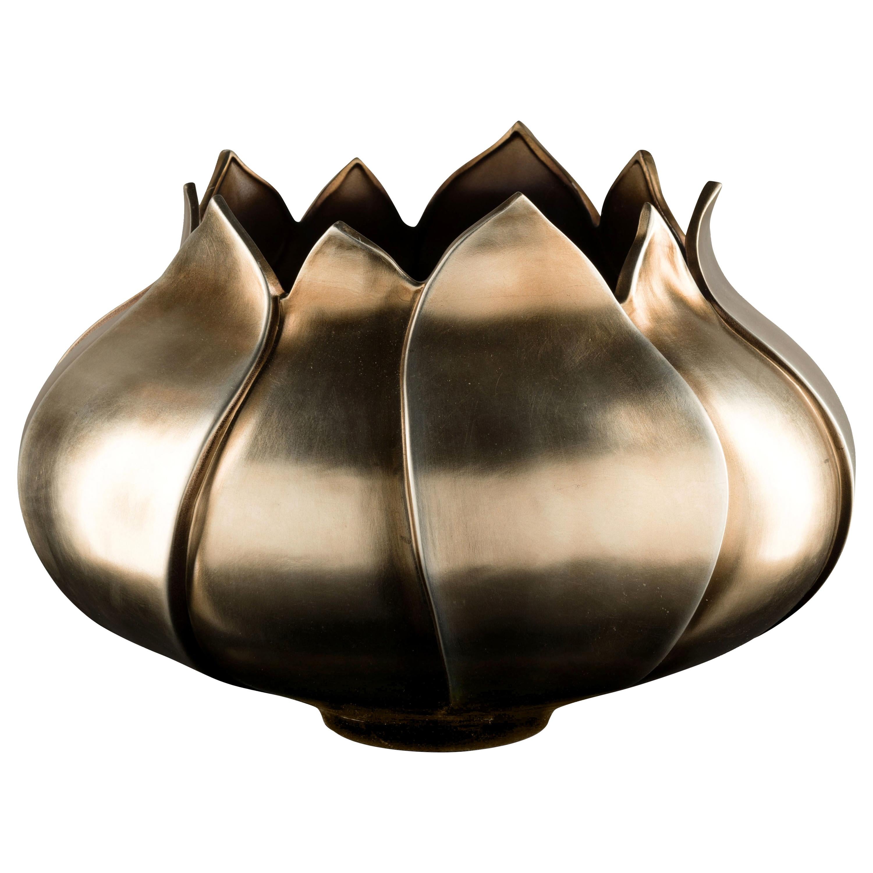 Vase Tulip Low, Ceramic, Brass Metal Finish, Italy For Sale