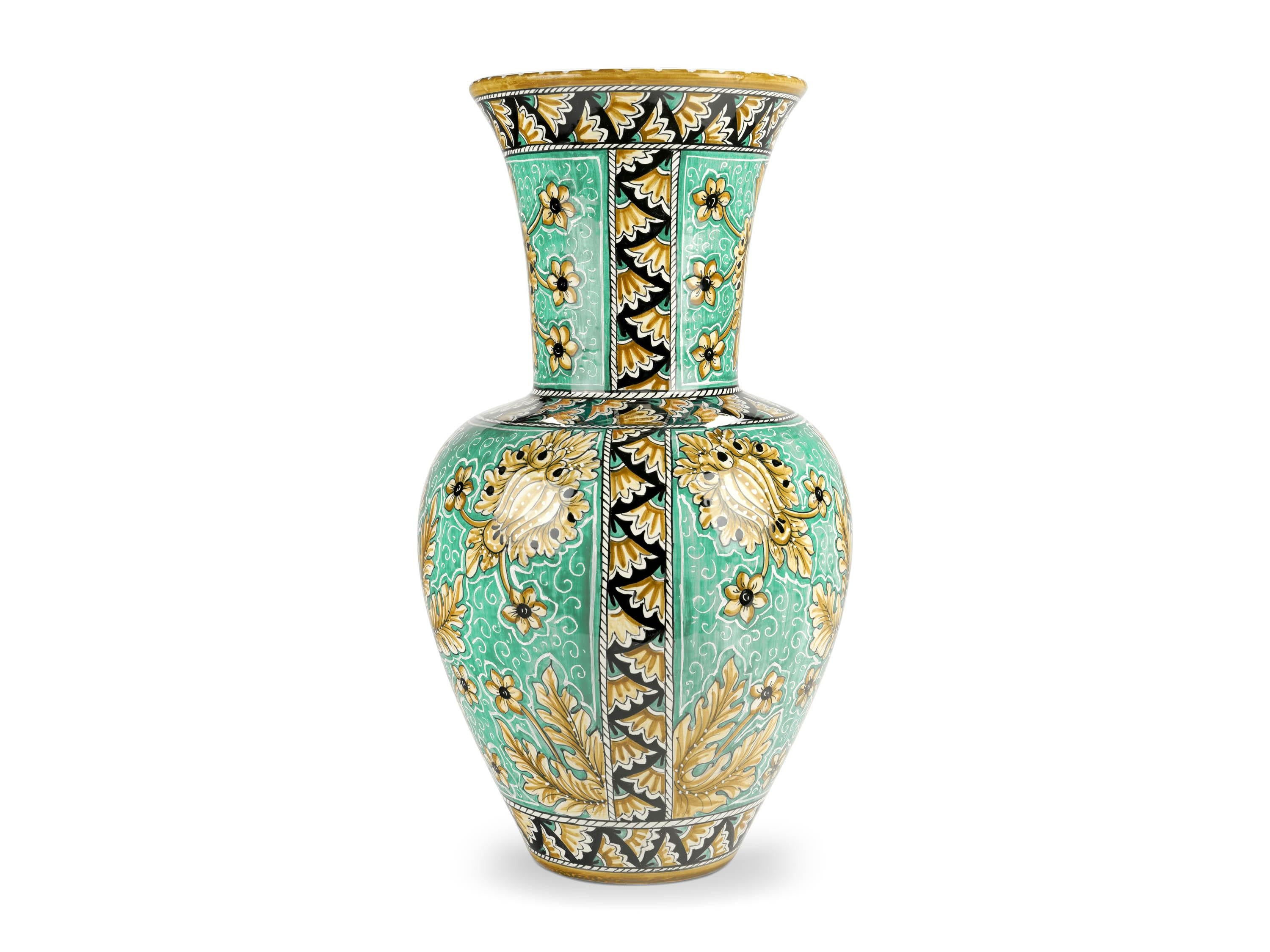 Modern Vase Vessel Ceramic Centerpiece Ornament Aquamarine Majolica Flower Holder Italy For Sale