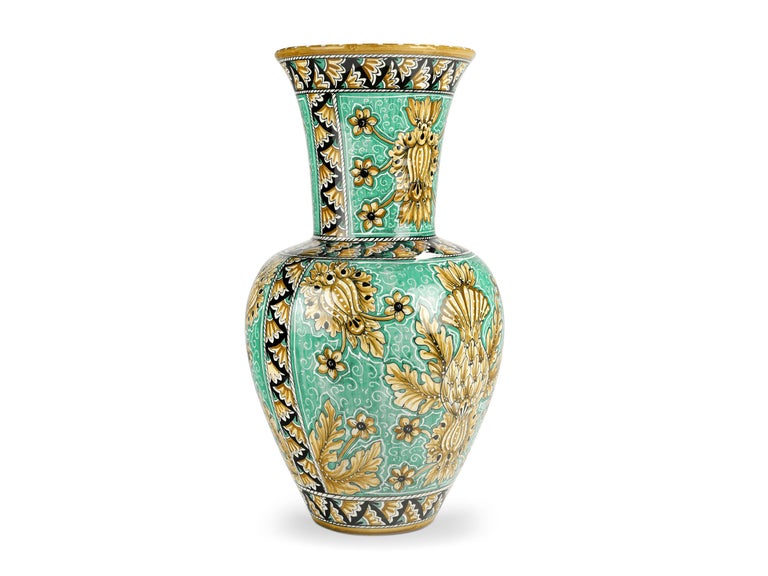 Italian Vase Vessel Ceramic Centerpiece Ornament Aquamarine Majolica Flower Holder Italy For Sale