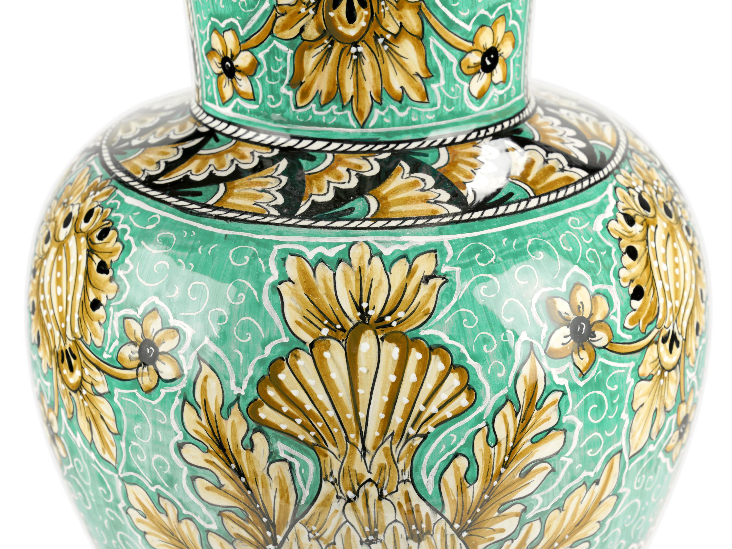 Hand-Crafted Vase Vessel Ceramic Centerpiece Ornament Aquamarine Majolica Flower Holder Italy For Sale