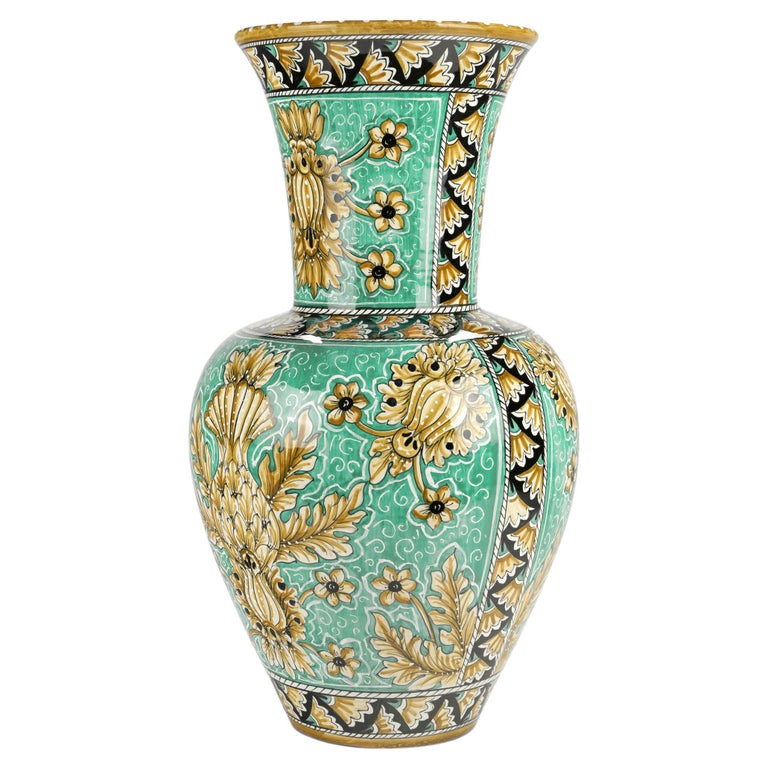 Vase Vessel Ceramic Centerpiece Ornament Aquamarine Majolica Flower Holder Italy For Sale