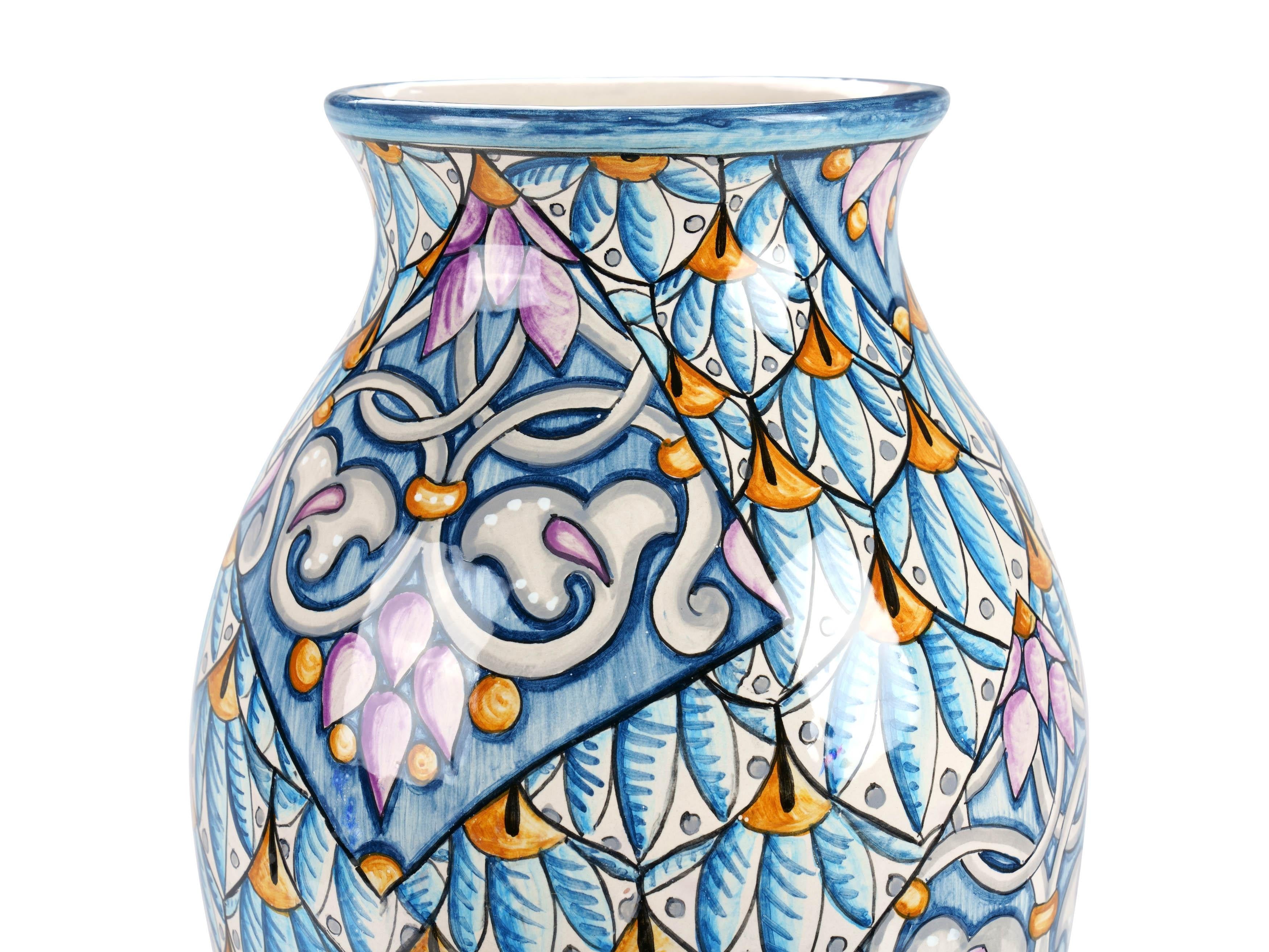 Modern Decorative Majolica Vase Vessel Purple, Light Blue, Hand-painted Made in Italy For Sale