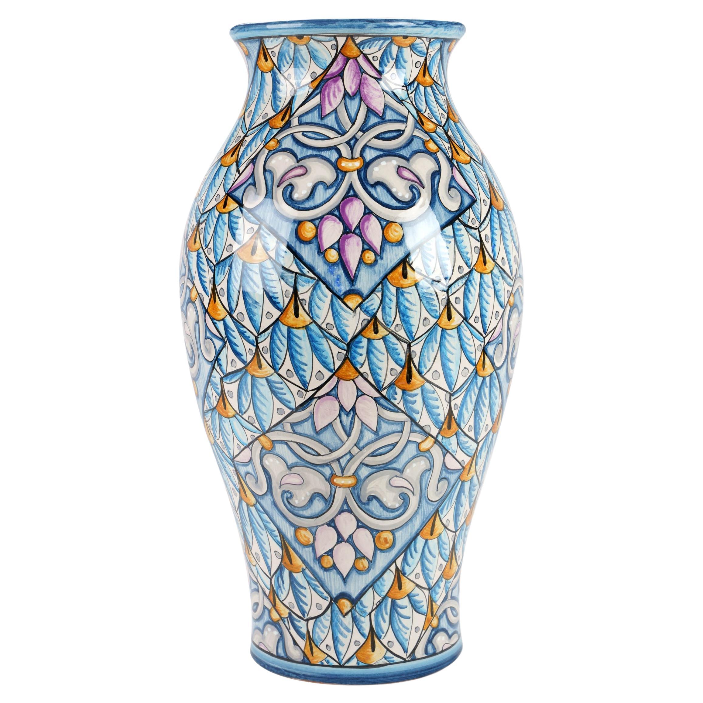 Decorative Majolica Vase Vessel Purple, Light Blue, Hand-painted Made in Italy For Sale