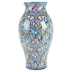 Dekorative Majolika-Vase/Gefäß, lila, hellblau, handbemalt, hergestellt in Italien