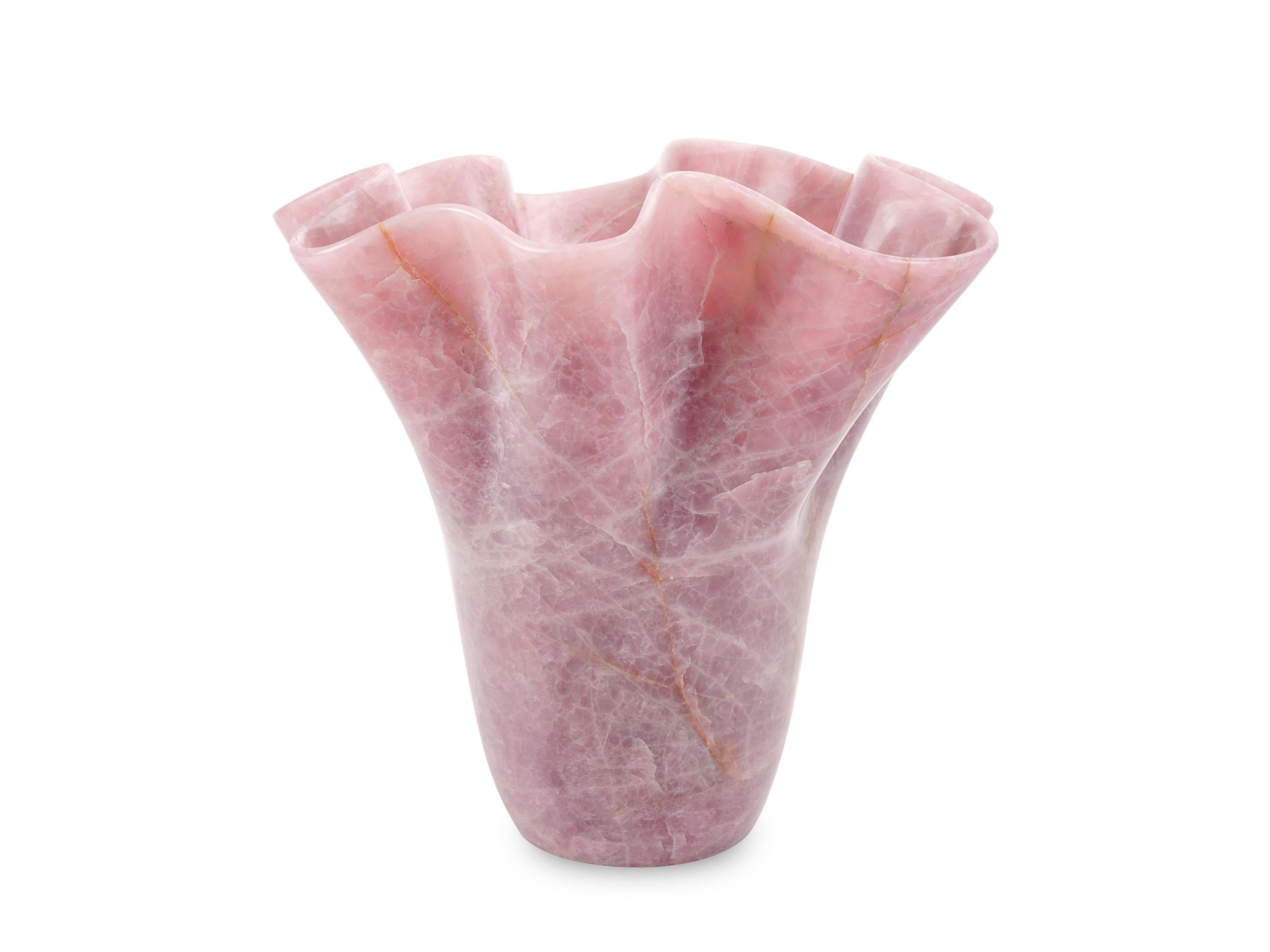 Vase Vessel Sculpture Pink Rose Quartz Marble Collectible Design Handmade Italy For Sale 2