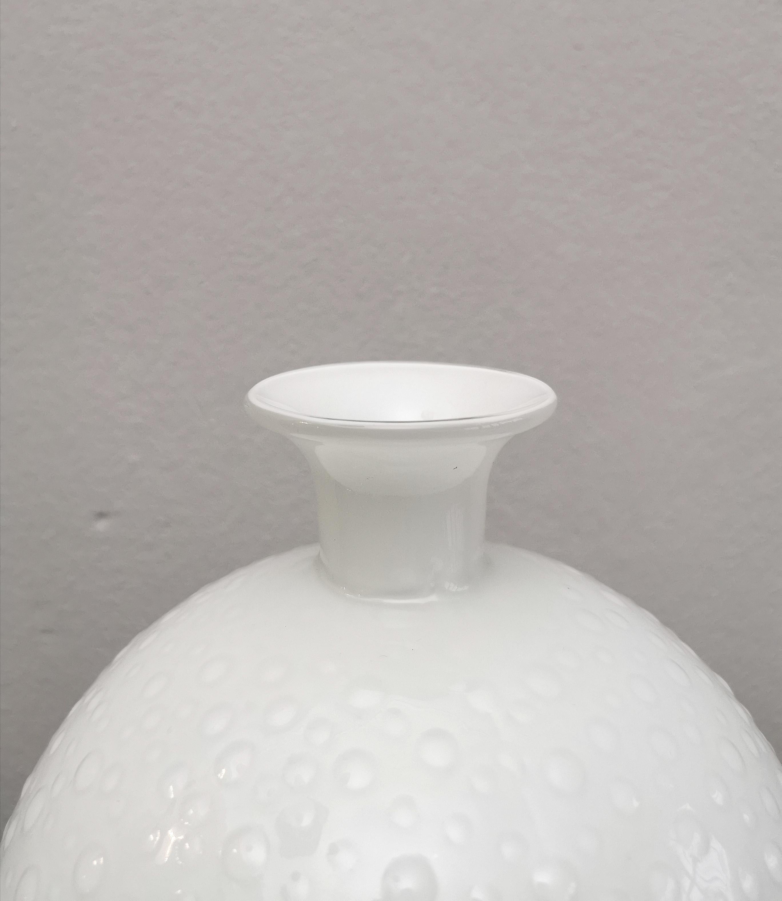 Mid-Century Modern Vase Vessel White Murano Glass Round Decorative Object Italian Design 1980s For Sale