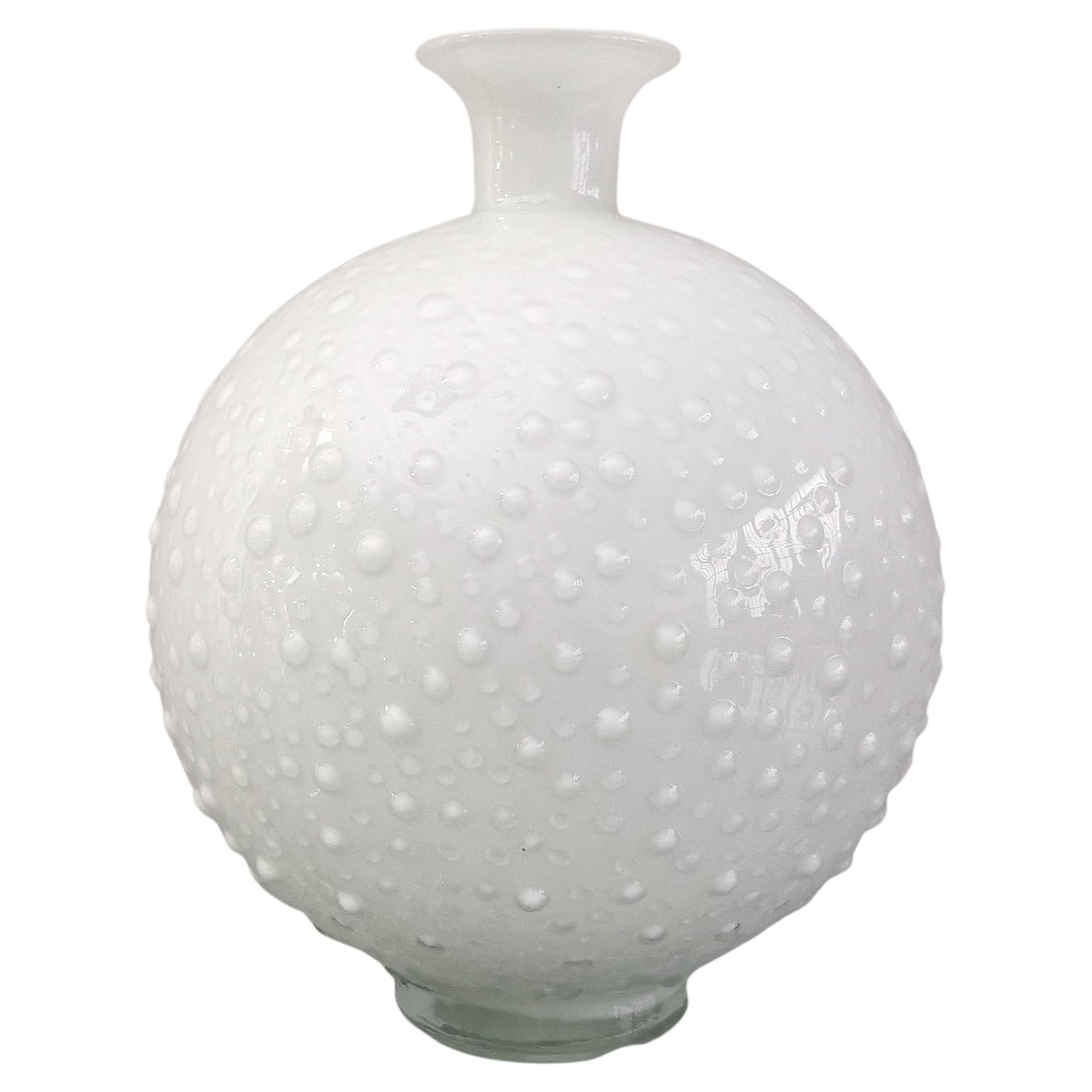 Vase Vessel White Murano Glass Round Decorative Object Italian Design 1980s For Sale