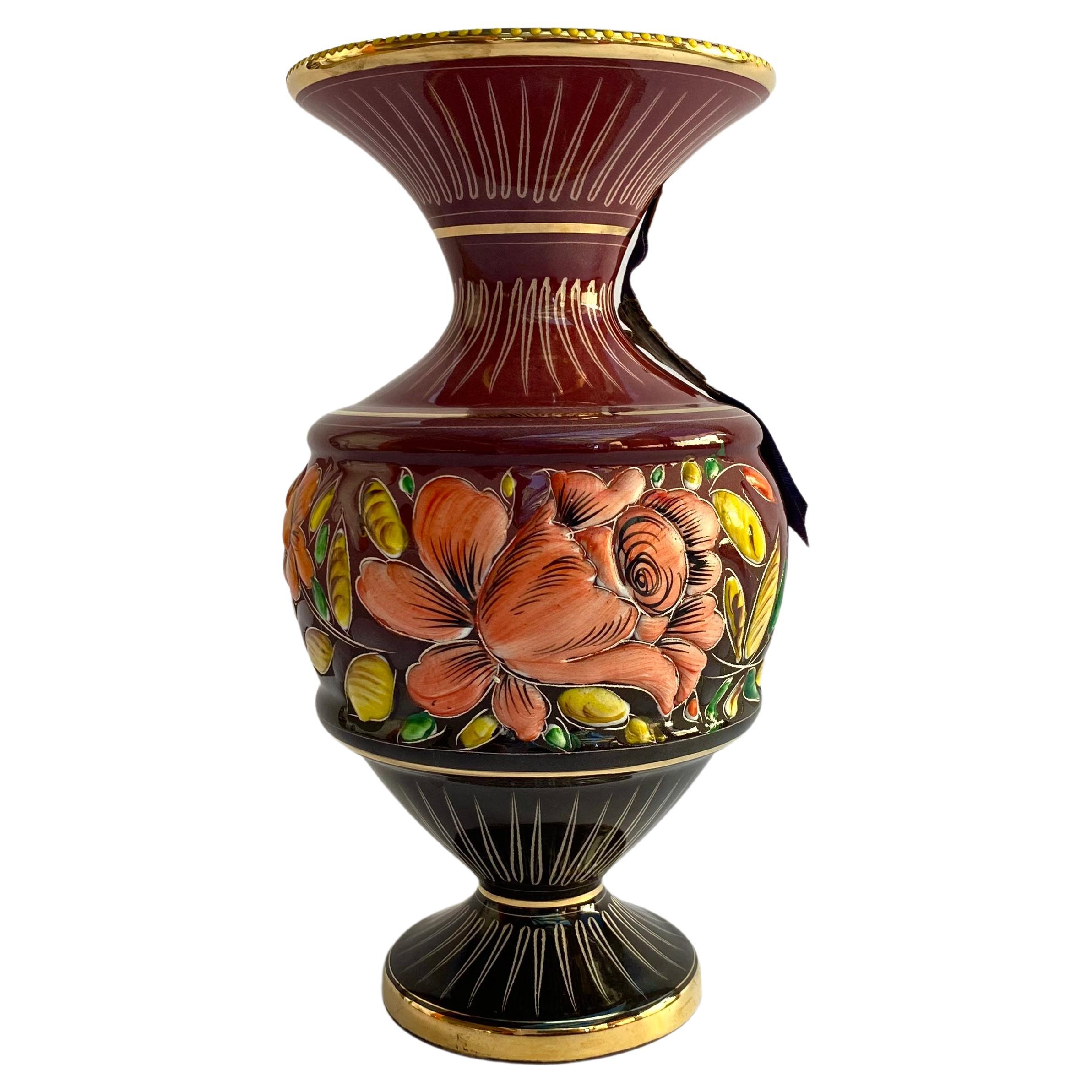 Vase Vintage Blumendekor in Keramik H.Bequet Belgien 1950er Jahre Handgefertigt