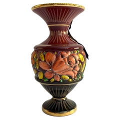 Vase Retro Floral Decor in Ceramic H.Bequet Belgium 1950s Hand Crafted