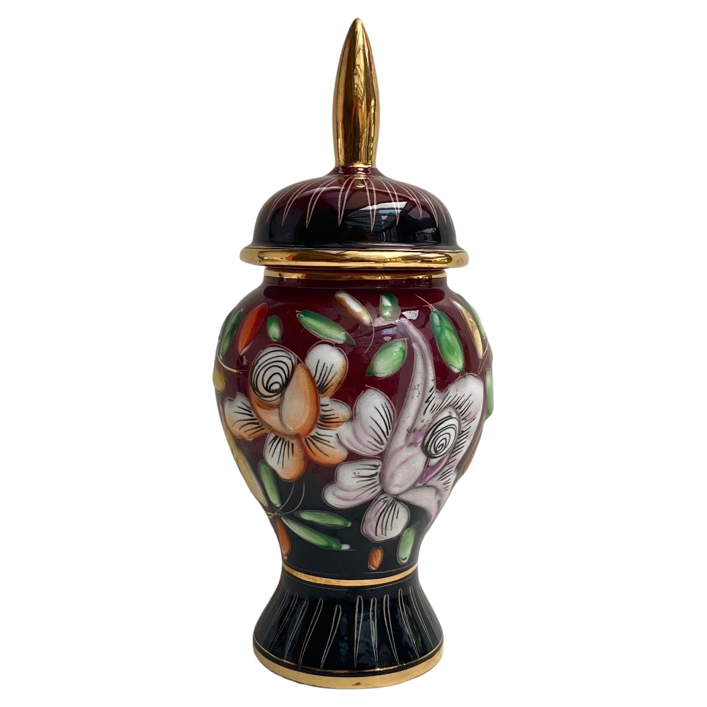 Vase Vintage Avec Couvercle Céramique Décor Floral Urne Hubert Bequet Belgique 1950s en vente