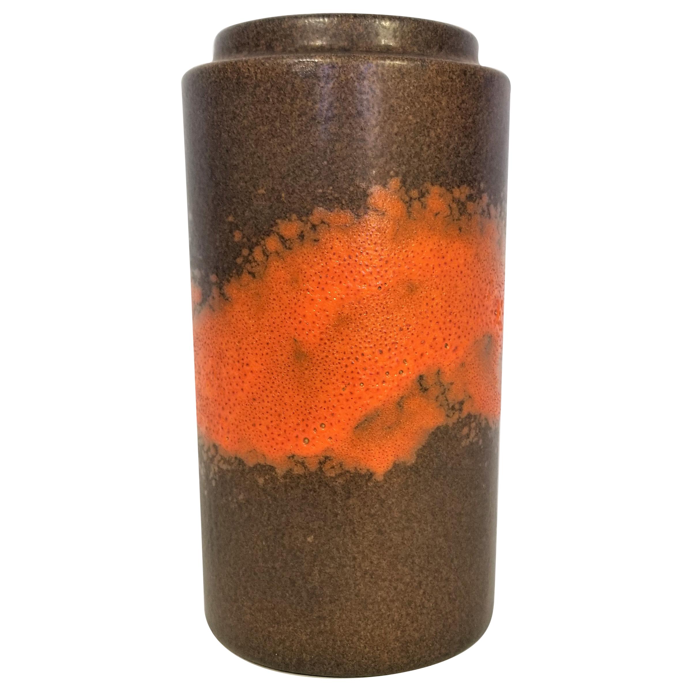 Vase West Germany Midcentury 1960s Glazed Ceramic Abstract Brown Orange For Sale