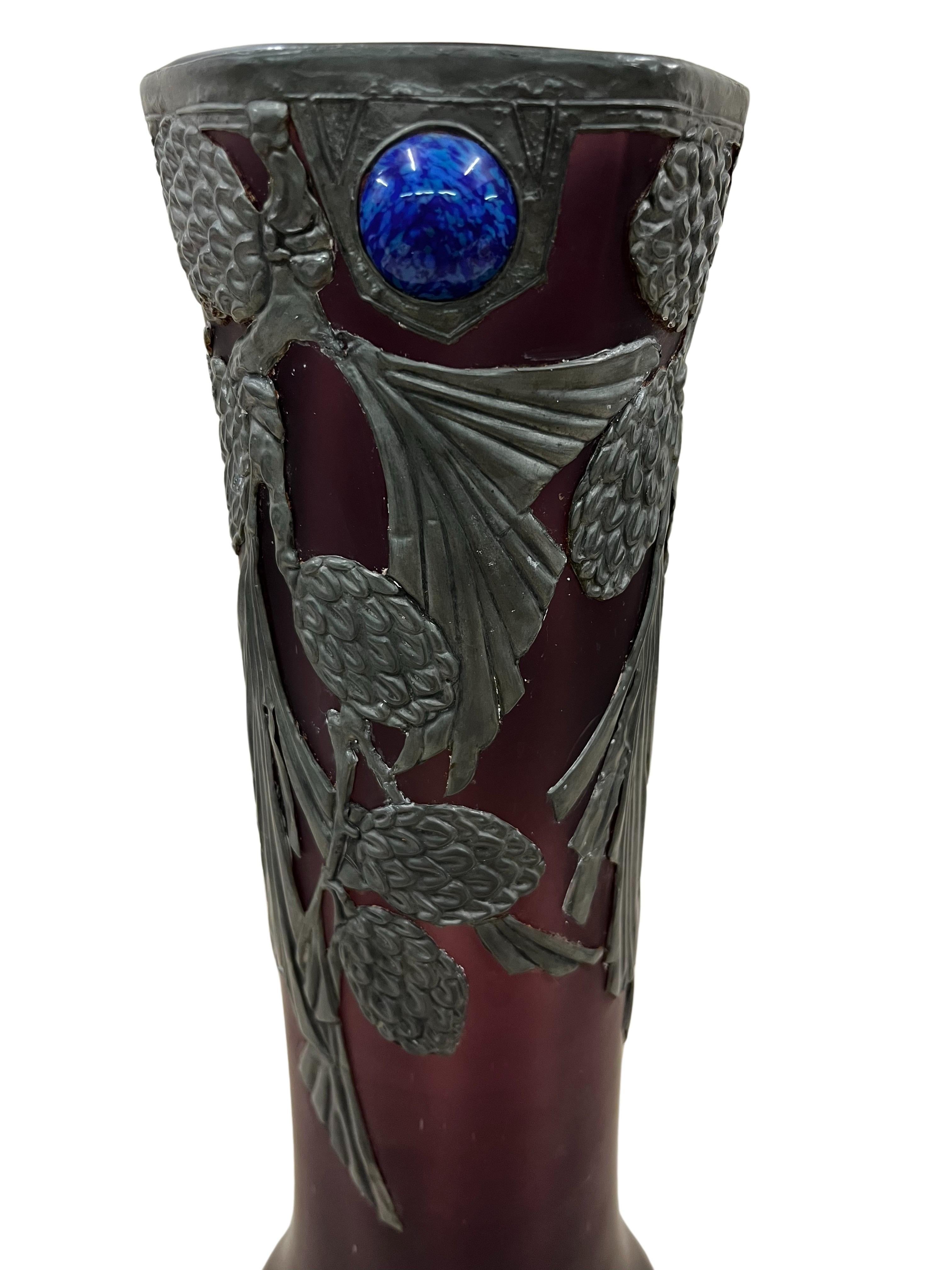 Metal Vase, winter decor, glass metal mounting, Art Nouveau original, 1910, France