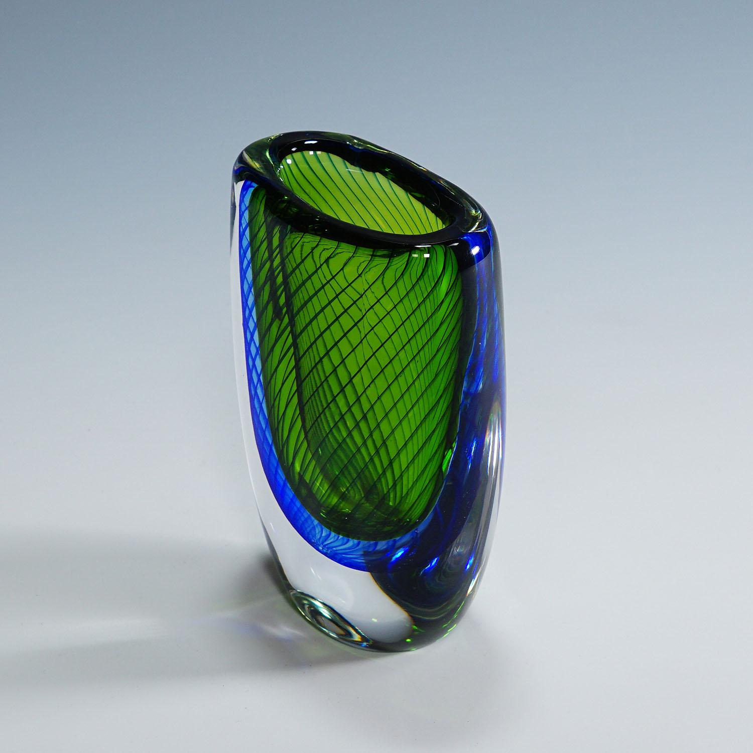 Swedish Vase with Blue and Green Layers, Vicke Lindstrand for Kosta 1950s For Sale