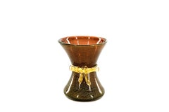 Italian Murano Glass Hourglass Amber Vase, Gold Ribbon Bow Accent, 1970s