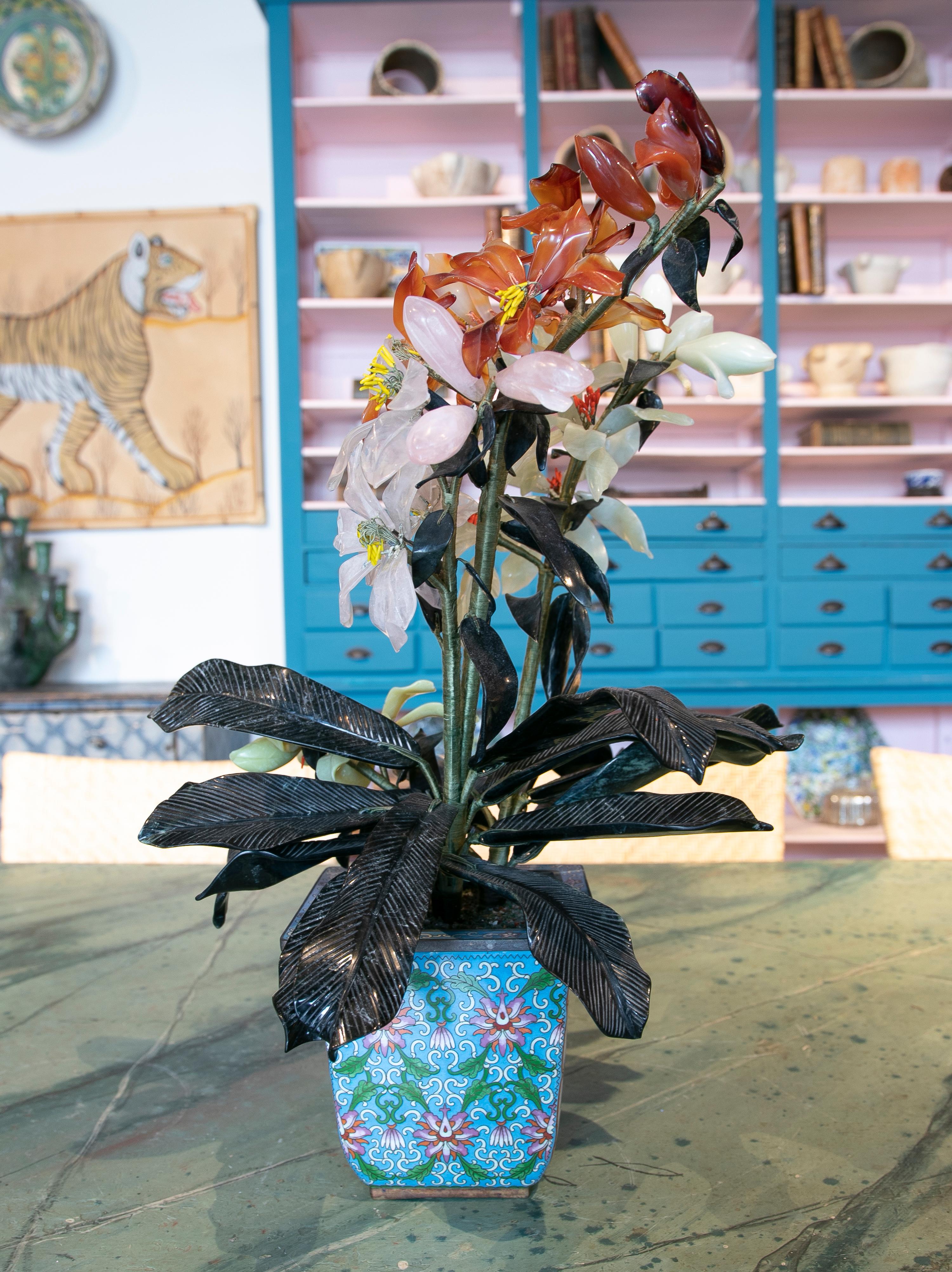 Asian Vase with Bronze Pot with Cloisone Technique and Plants of Hard Stones For Sale