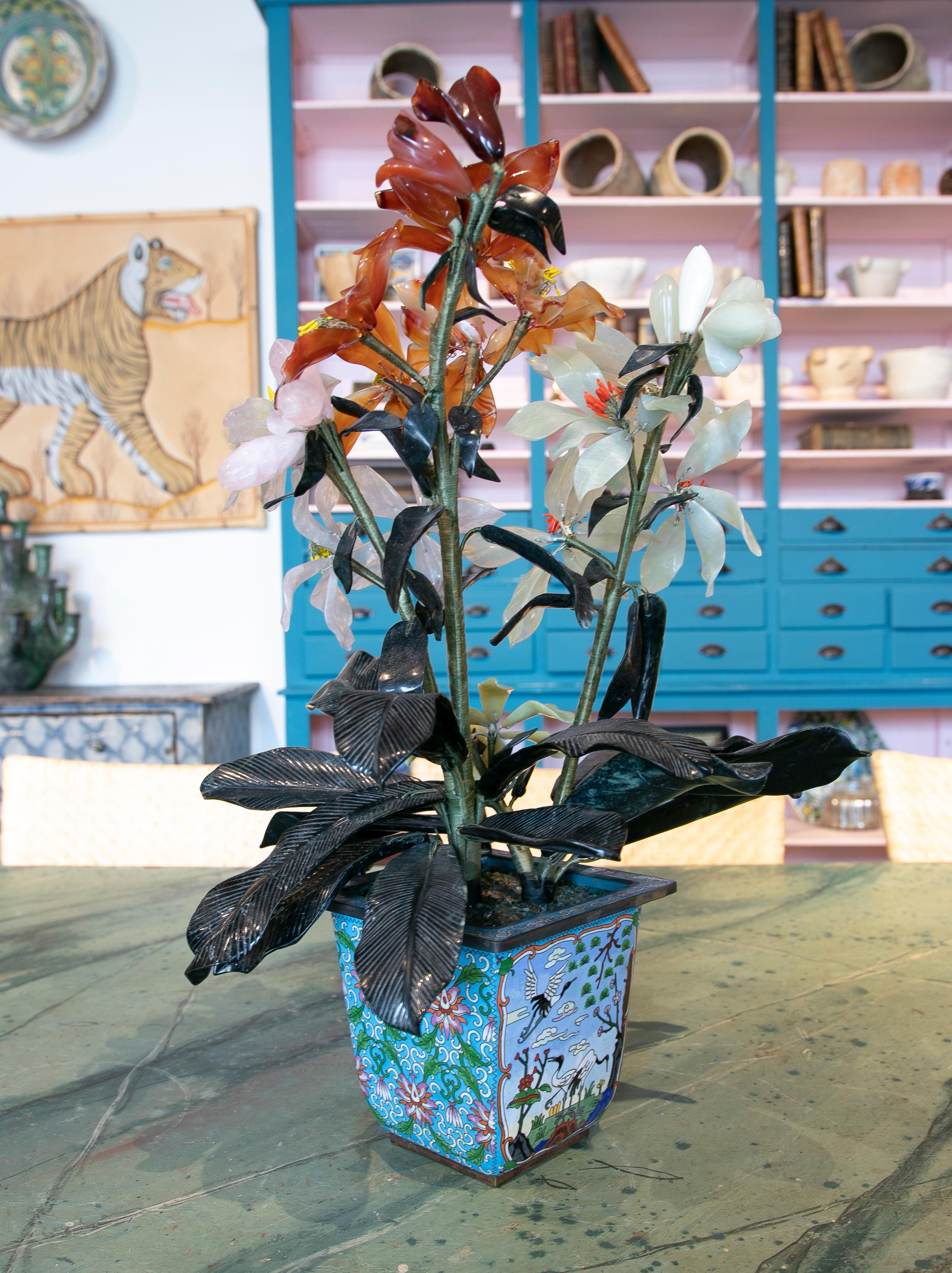 Hand-Carved Vase with Bronze Pot with Cloisone Technique and Plants of Hard Stones For Sale