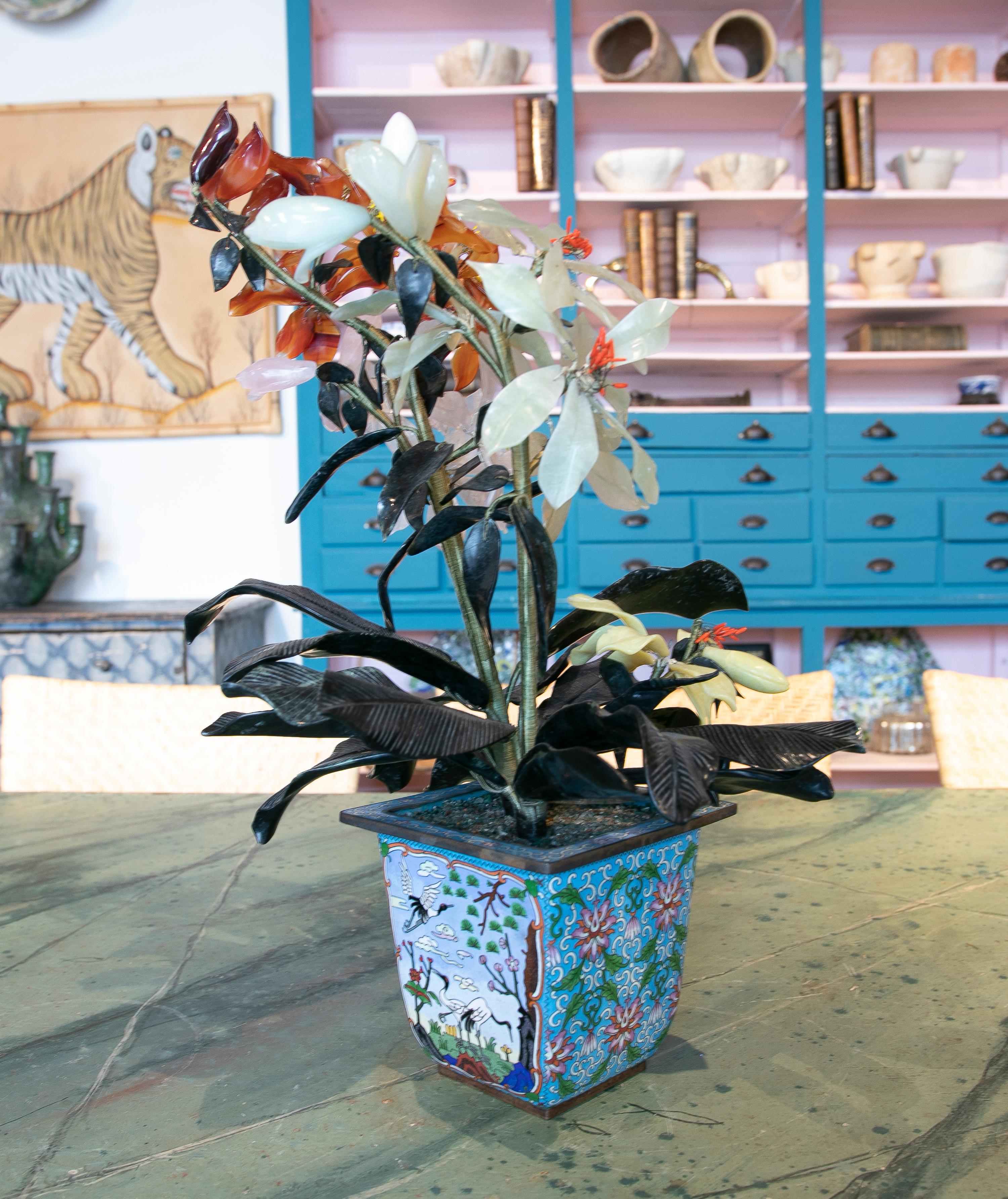 20th Century Vase with Bronze Pot with Cloisone Technique and Plants of Hard Stones For Sale