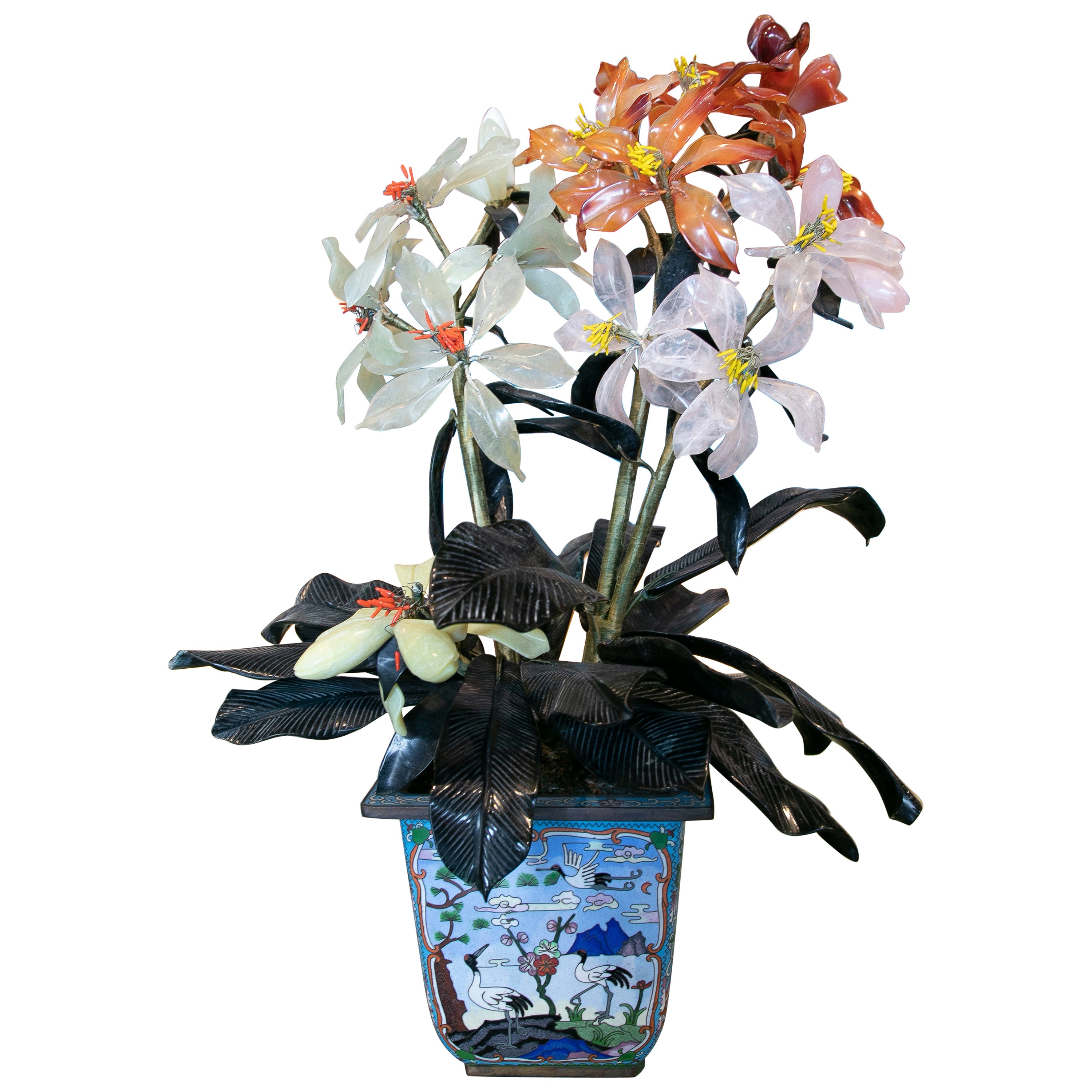 Vase with Bronze Pot with Cloisone Technique and Plants of Hard Stones For Sale