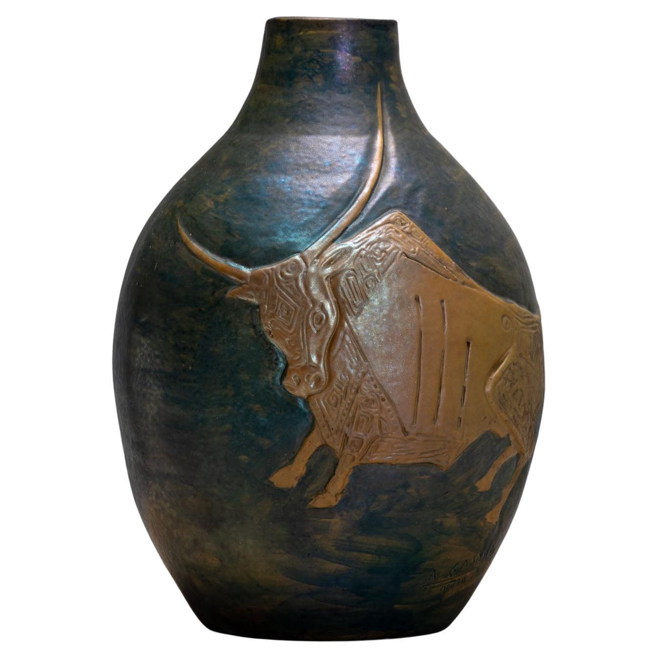 Vase with Bull Relief by Antonio Casadei (*1923), Rome, 1960