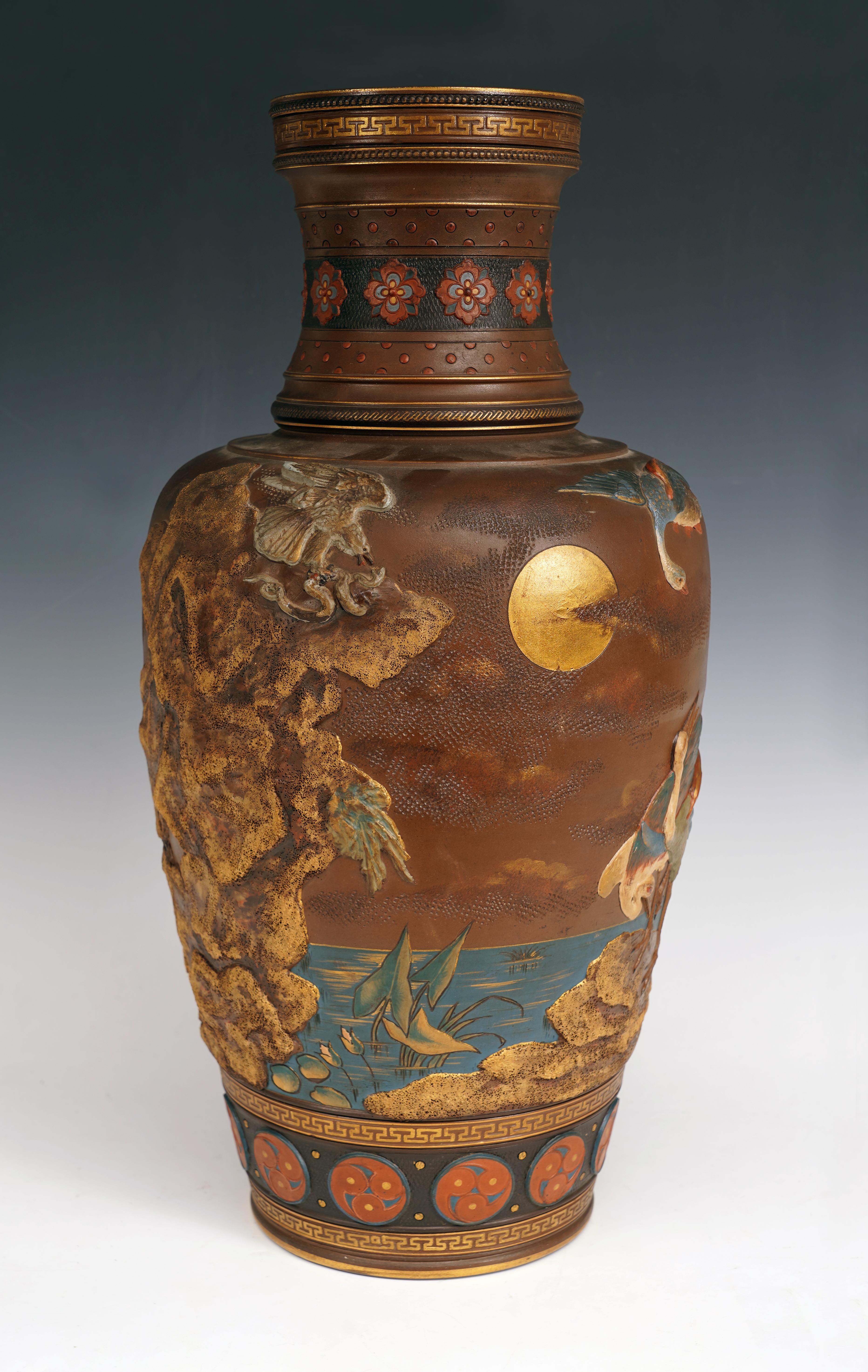 Japonisme Vase with Cranes by the Villeroy&Boch Manufacture, Mettlach Germany, Circa 1900 For Sale