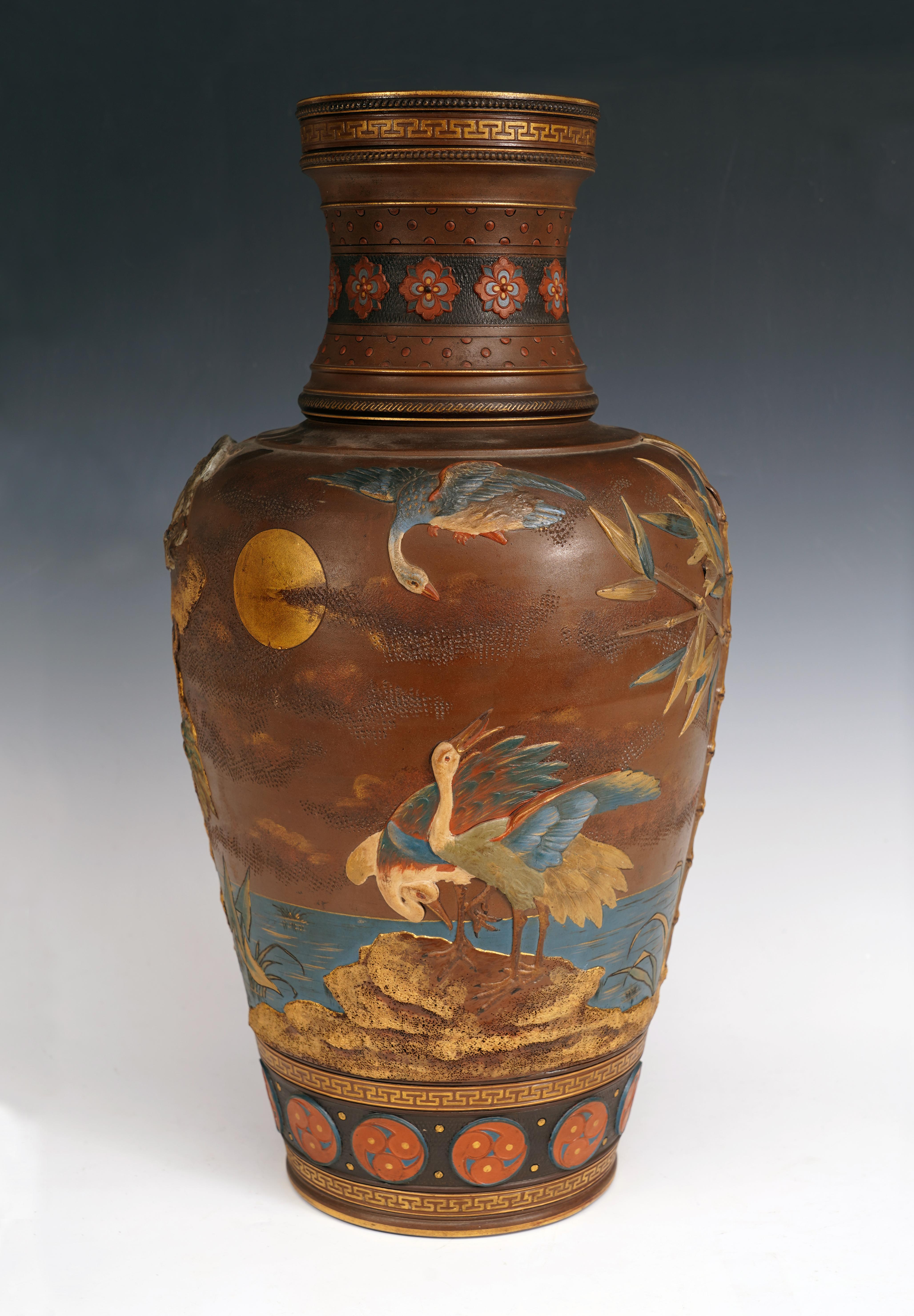 Polychromed Vase with Cranes by the Villeroy&Boch Manufacture, Mettlach Germany, Circa 1900 For Sale